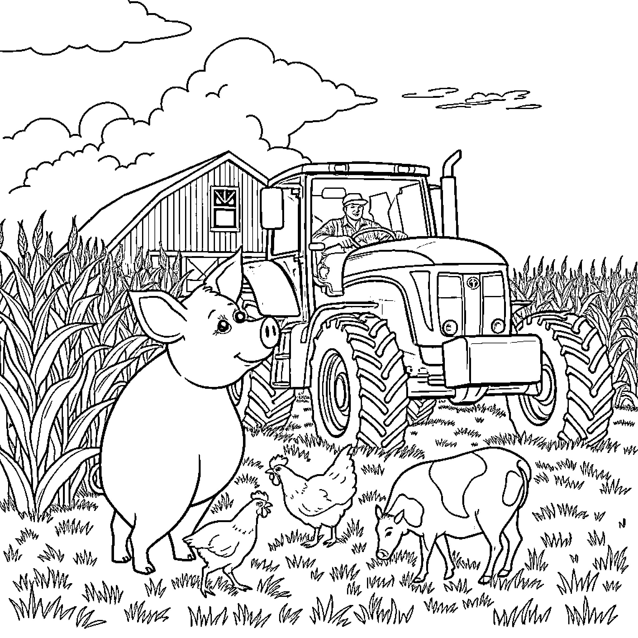 Pig on a farm with tractor and animals Coloring Page (free black-and-white line drawing printable PDF for all, from beginners to advanced learners, including children, teens, adults, and seniors)