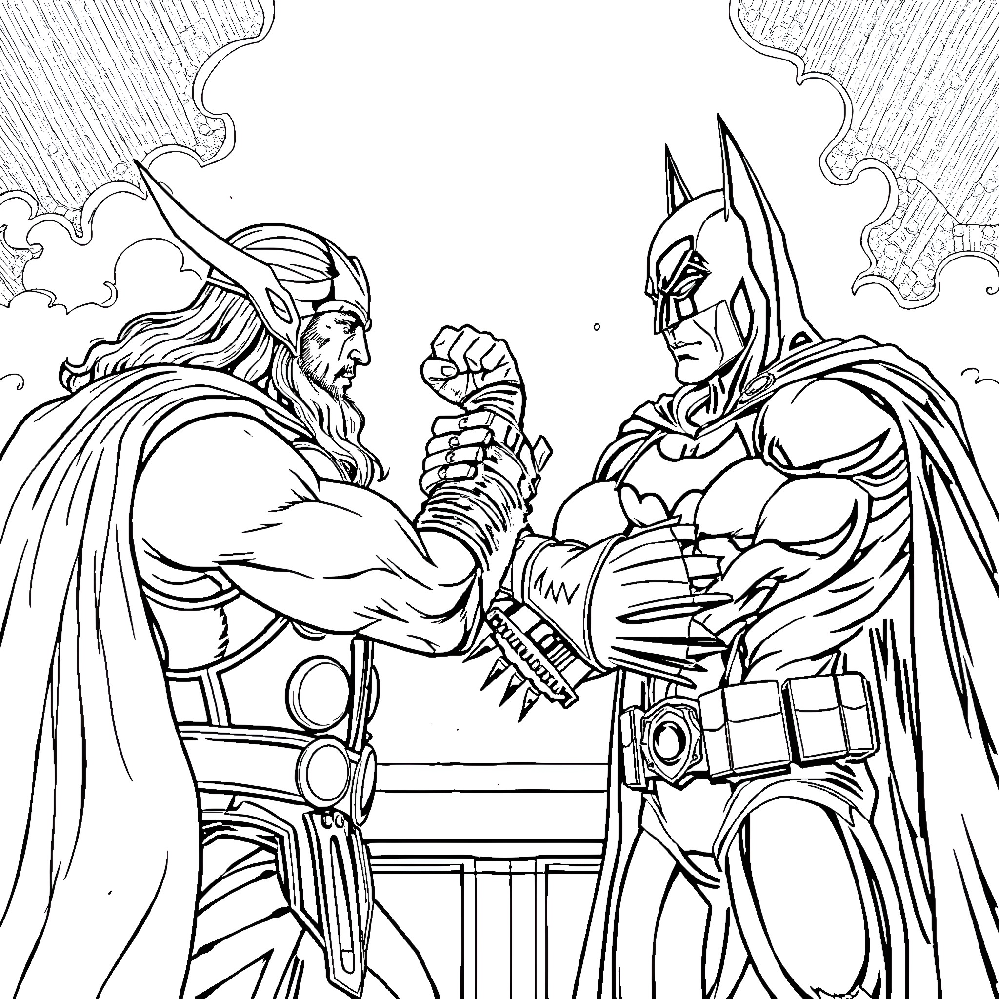 Thor and Batman in an epic showdown Coloring Page (free black-and-white line drawing printable PDF for all, from beginners to advanced learners, including children, teens, adults, and seniors)
