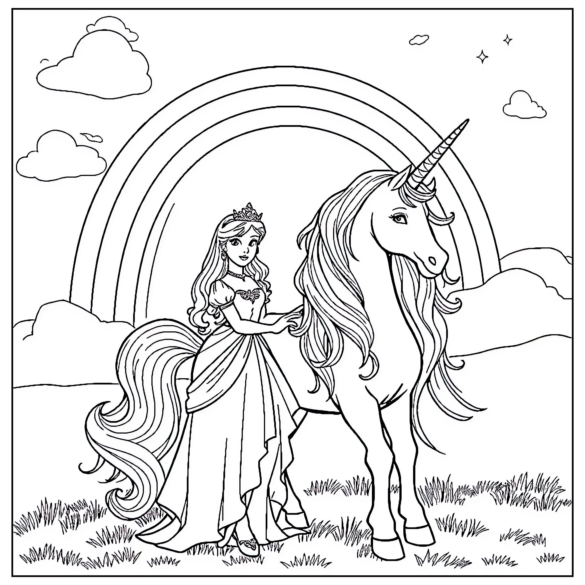 Princess and Majestic Unicorn in Enchanting Landscape Coloring Page (free black-and-white line drawing printable PDF for all, from beginners to advanced learners, including children, teens, adults, and seniors)