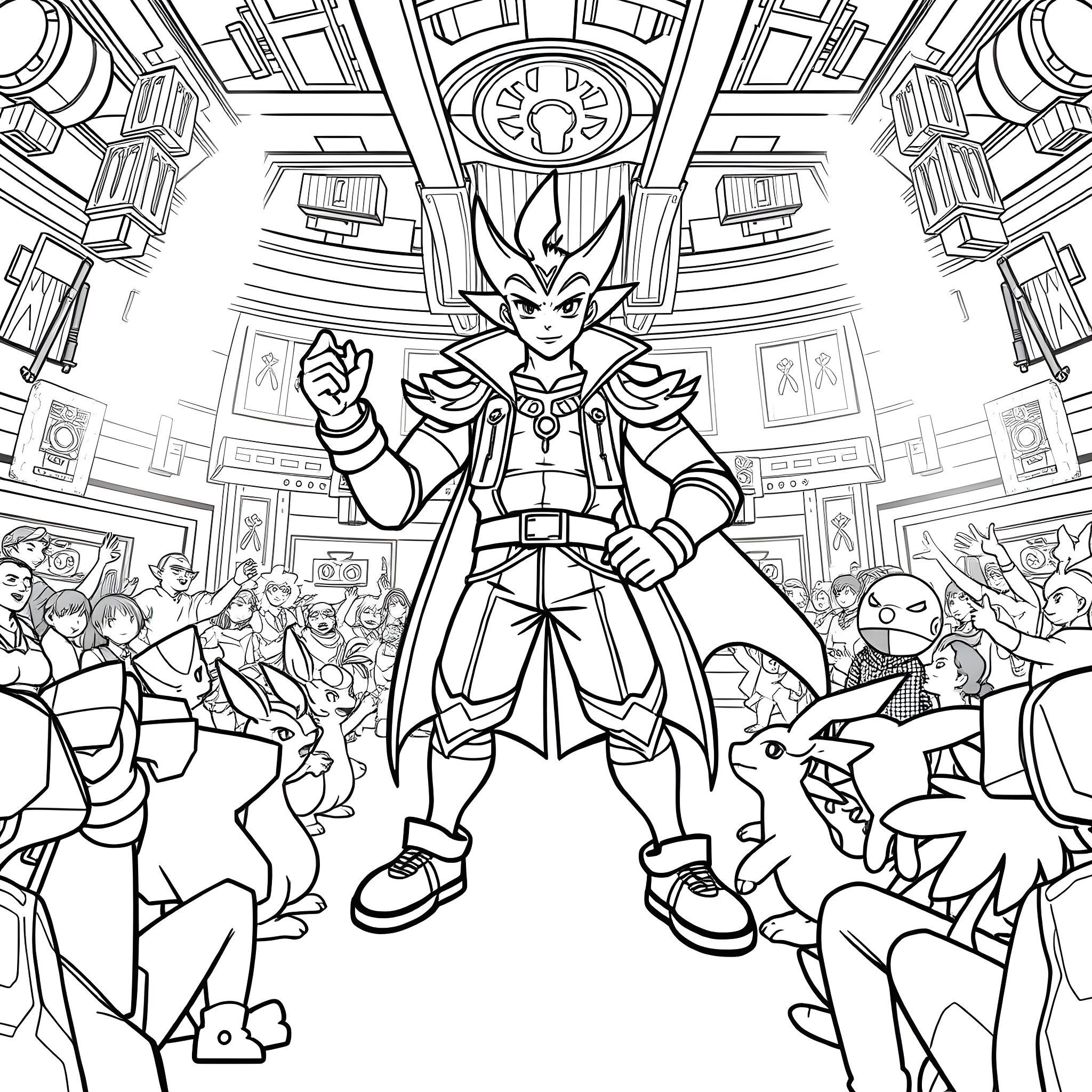 Pokémon Protagonist Commanding Creatures in Epic Arena Coloring Page (free black-and-white line drawing printable PDF for all, from beginners to advanced learners, including children, teens, adults, and seniors)