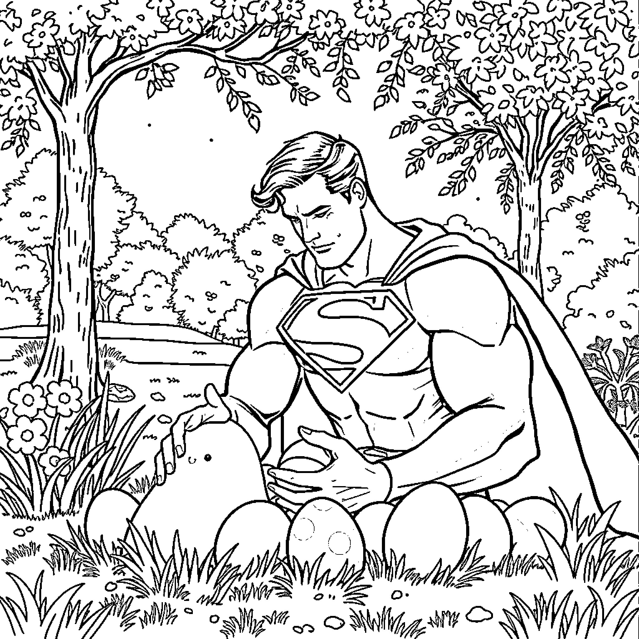 Superman resting in a peaceful forest Coloring Page (free black-and-white line drawing printable PDF for all, from beginners to advanced learners, including children, teens, adults, and seniors)