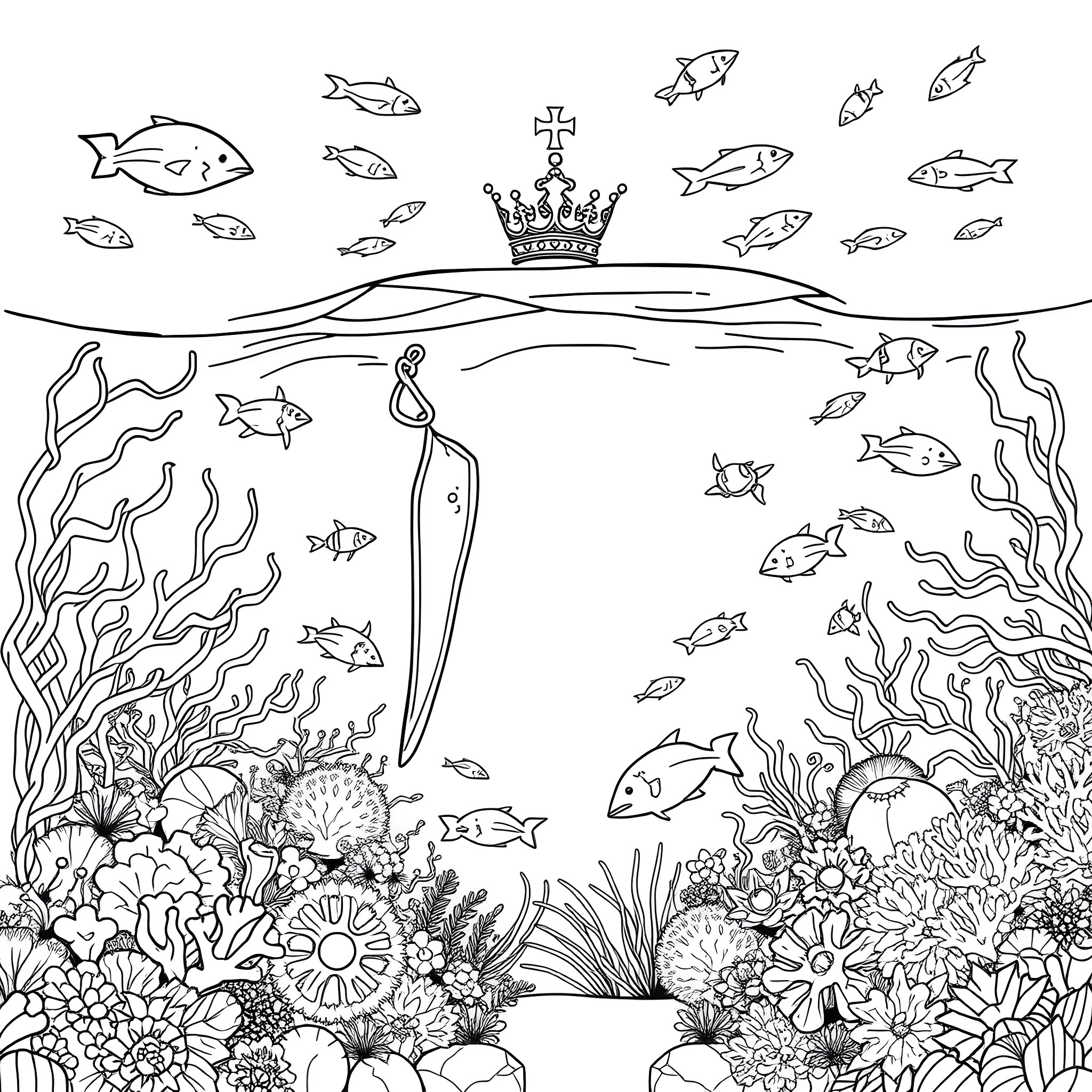 King's Underwater Kingdom with Vibrant Sea Life Coloring Page (free black-and-white line drawing printable PDF for all, from beginners to advanced learners, including children, teens, adults, and seniors)