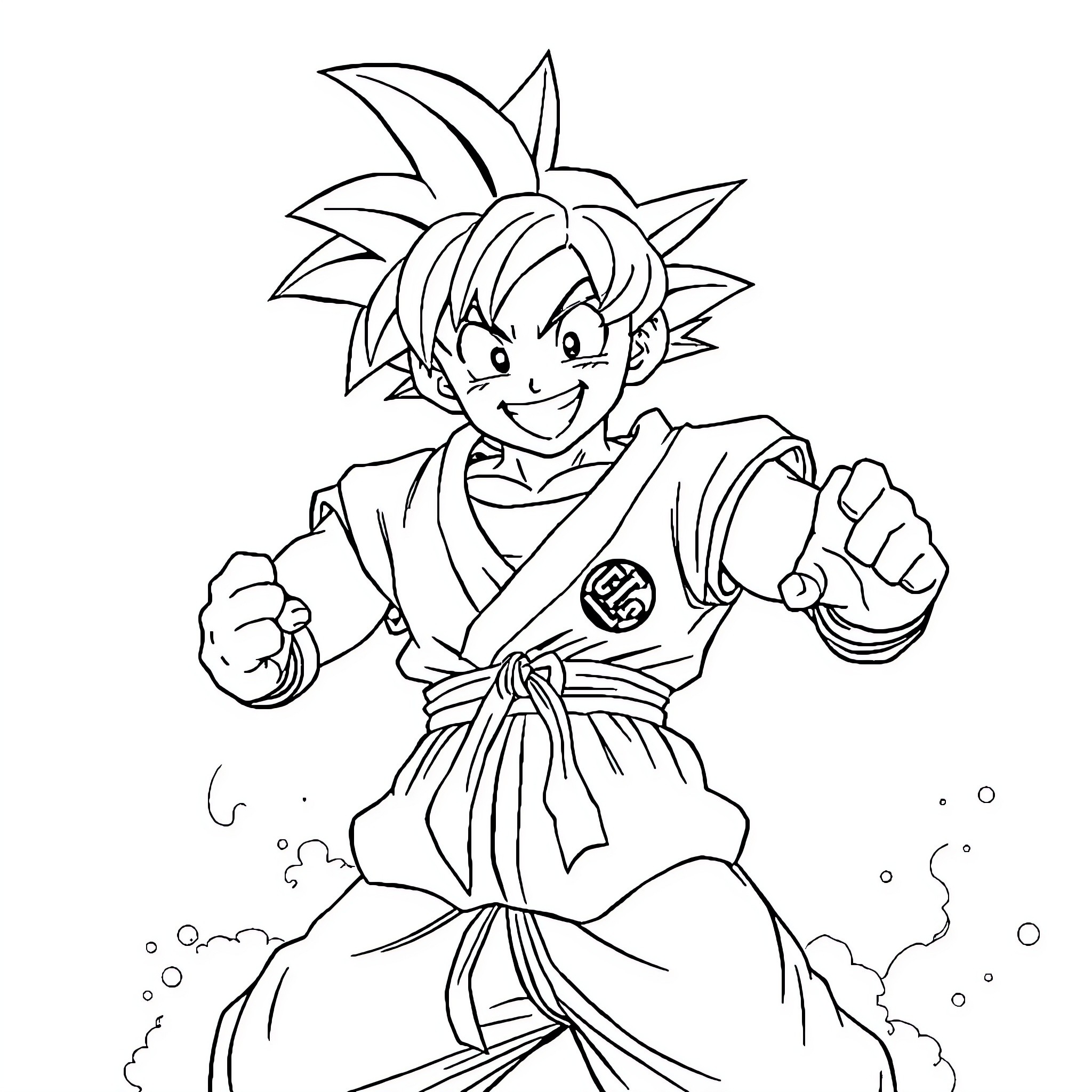 Son Goku in Fighting Stance with Determined Expression Coloring Page (free black-and-white line drawing printable PDF for all, from beginners to advanced learners, including children, teens, adults, and seniors)