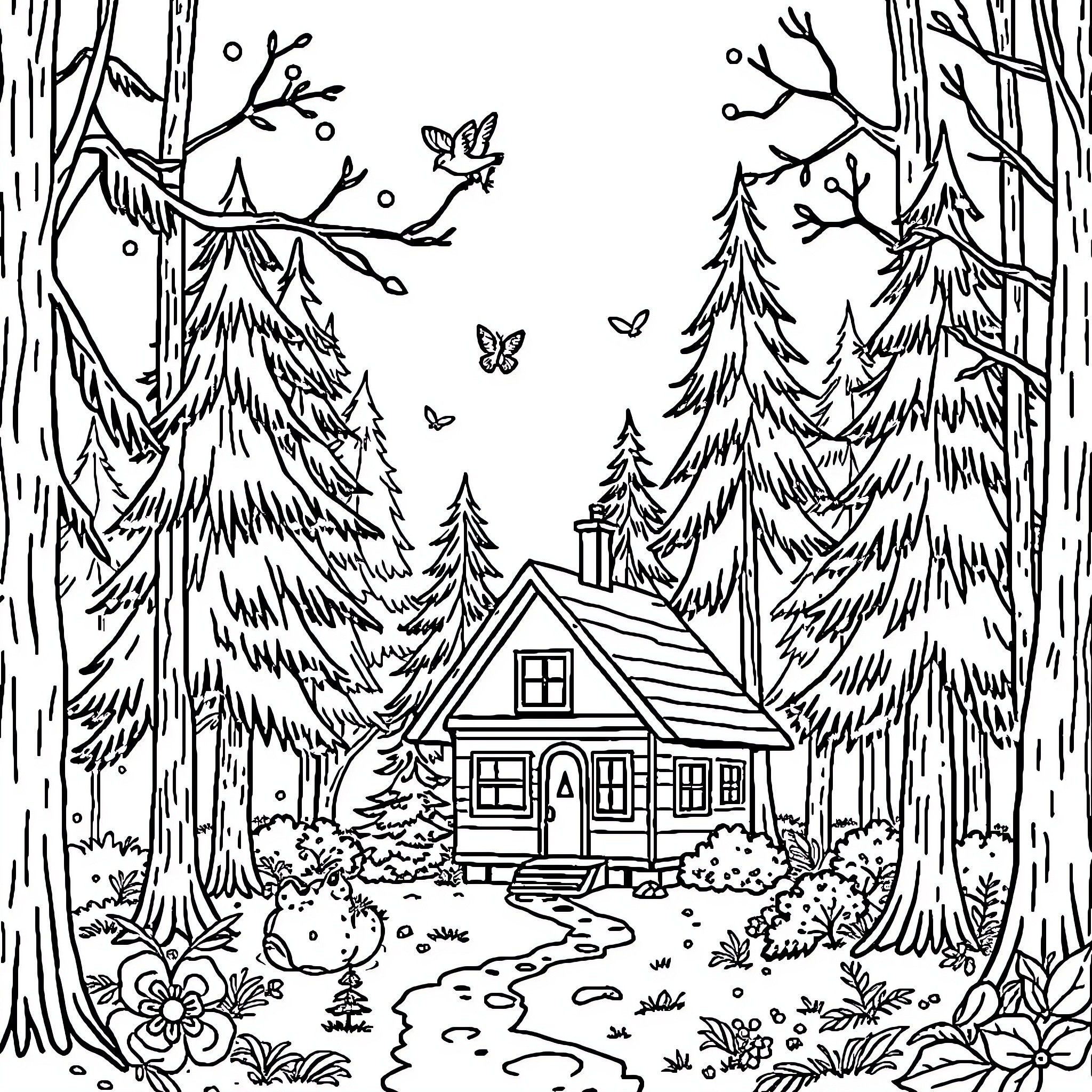 Home in the Enchanted Forest Coloring Page (free black-and-white line drawing printable PDF for all, from beginners to advanced learners, including children, teens, adults, and seniors)
