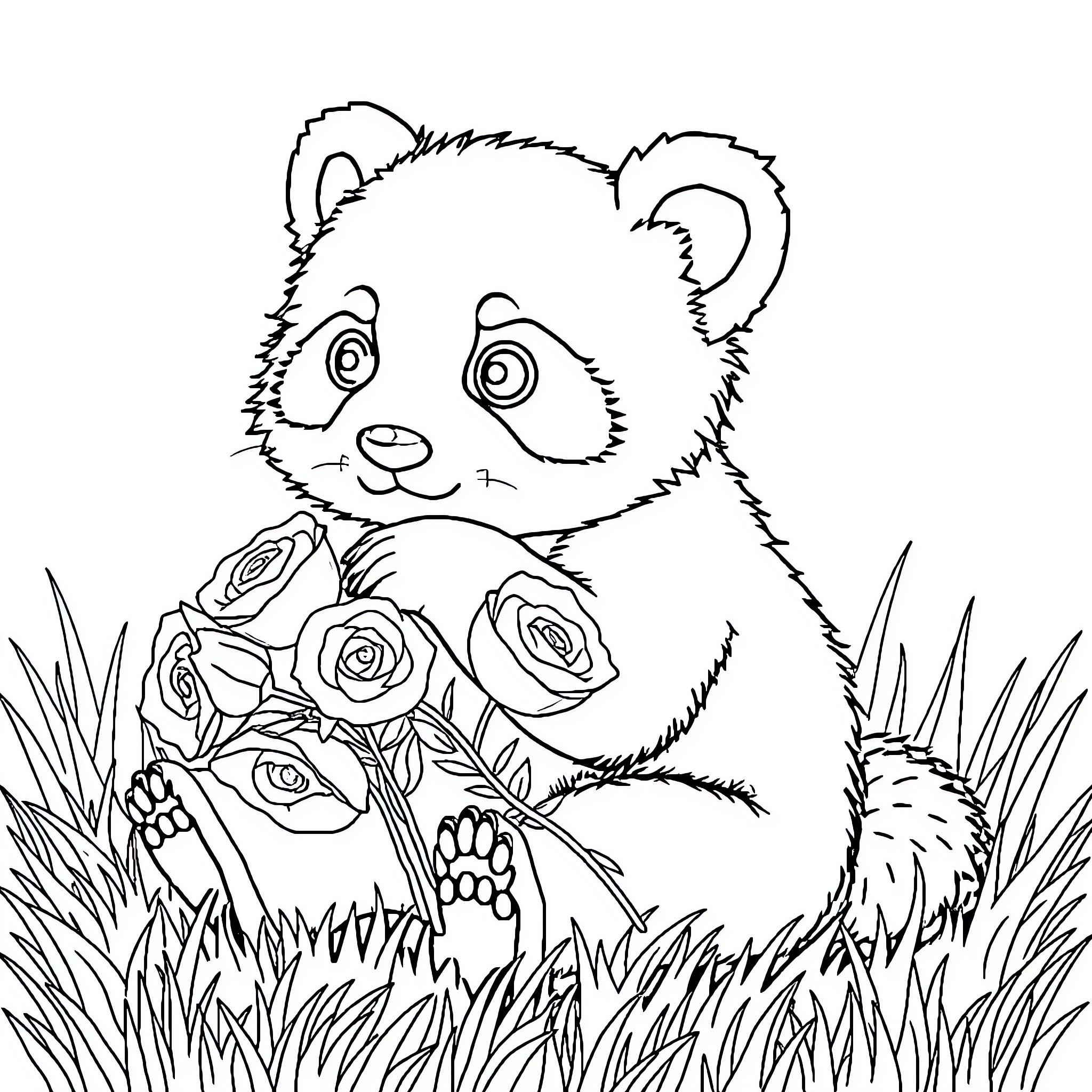 Panda cub surrounded by flowers and greenery Coloring Page (free black-and-white line drawing printable PDF for all, from beginners to advanced learners, including children, teens, adults, and seniors)