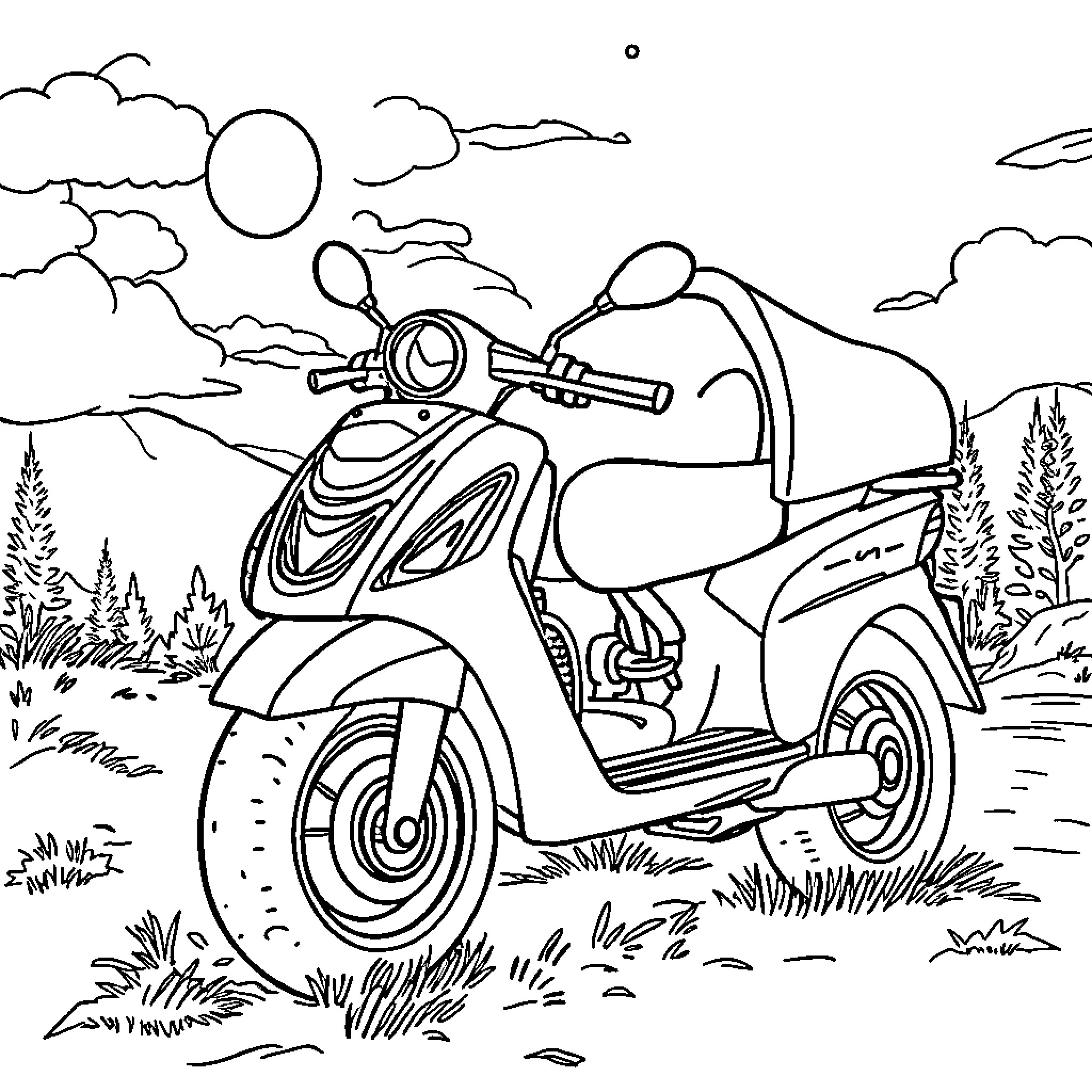 Monkey riding a scooter through the countryside Coloring Page (free black-and-white line drawing printable PDF for all, from beginners to advanced learners, including children, teens, adults, and seniors)