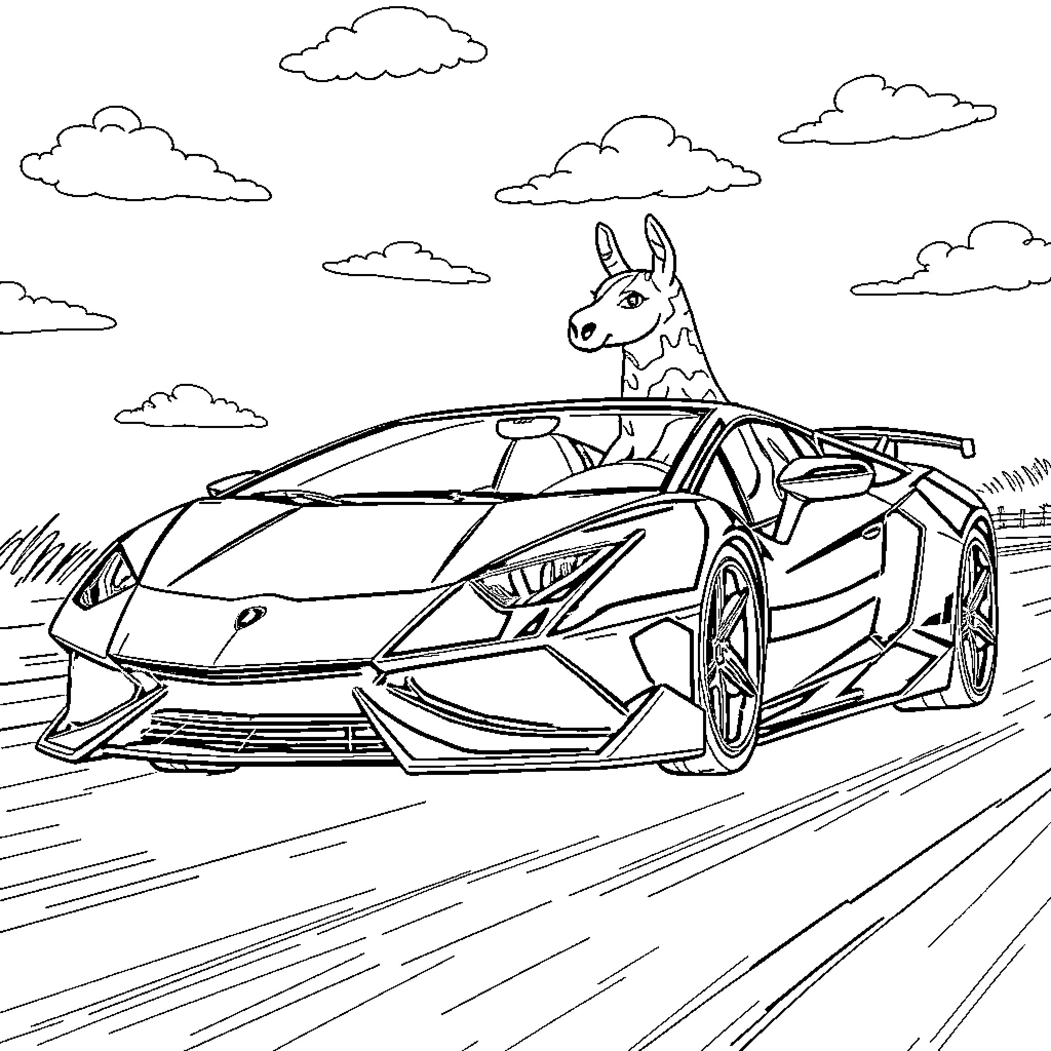 Lamborghini with Llama Passenger Speeding Through the Countryside Coloring Page (free black-and-white line drawing printable PDF for all, from beginners to advanced learners, including children, teens, adults, and seniors)