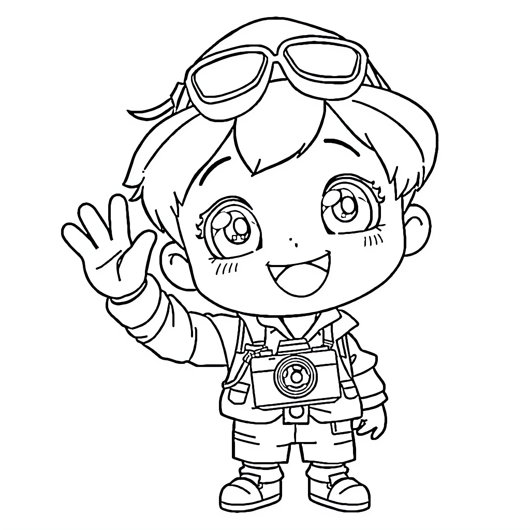 Anime Boy Waving Happily with Camera Coloring Page (free black-and-white line drawing printable PDF for all, from beginners to advanced learners, including children, teens, adults, and seniors)