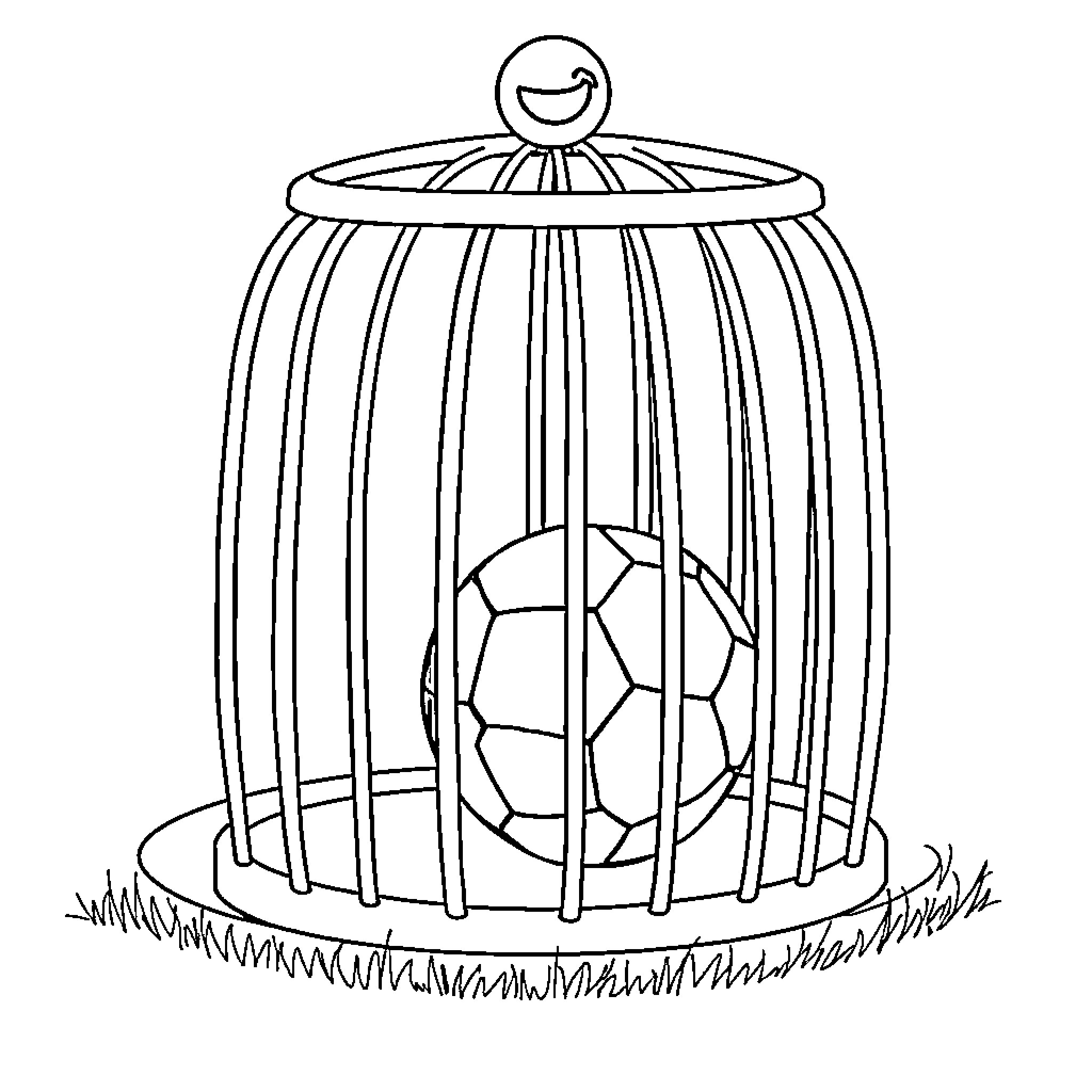 Soccer Ball trapped in a birdcage Coloring Page (free black-and-white line drawing printable PDF for all, from beginners to advanced learners, including children, teens, adults, and seniors)