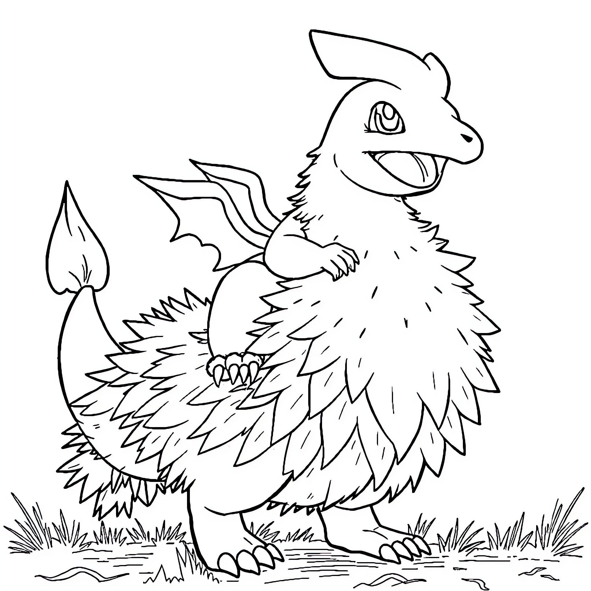 Charmander in a whimsical pose amidst nature Coloring Page (free black-and-white line drawing printable PDF for all, from beginners to advanced learners, including children, teens, adults, and seniors)