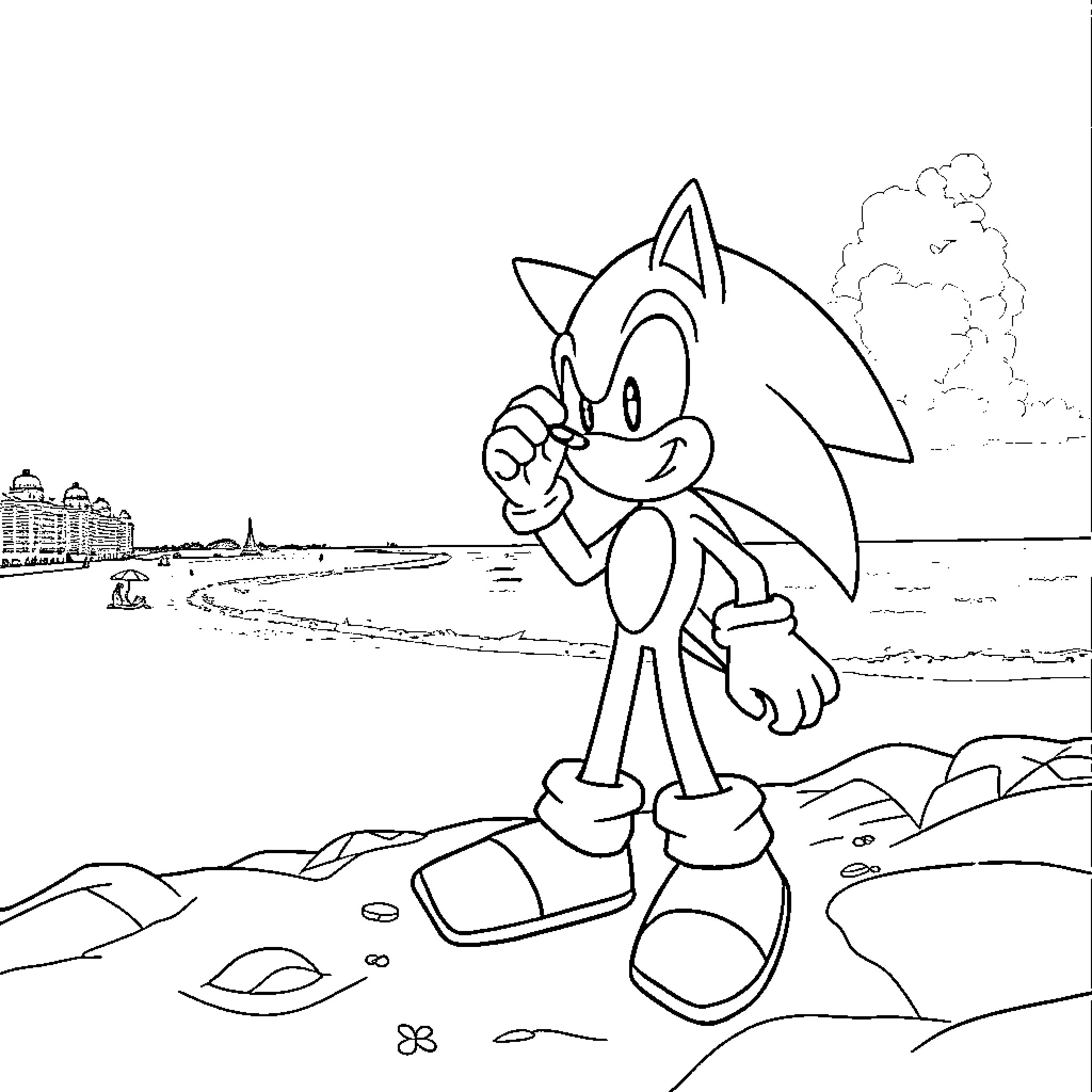 Sonic exploring the scenic beach landscape Coloring Page (free black-and-white line drawing printable PDF for all, from beginners to advanced learners, including children, teens, adults, and seniors)