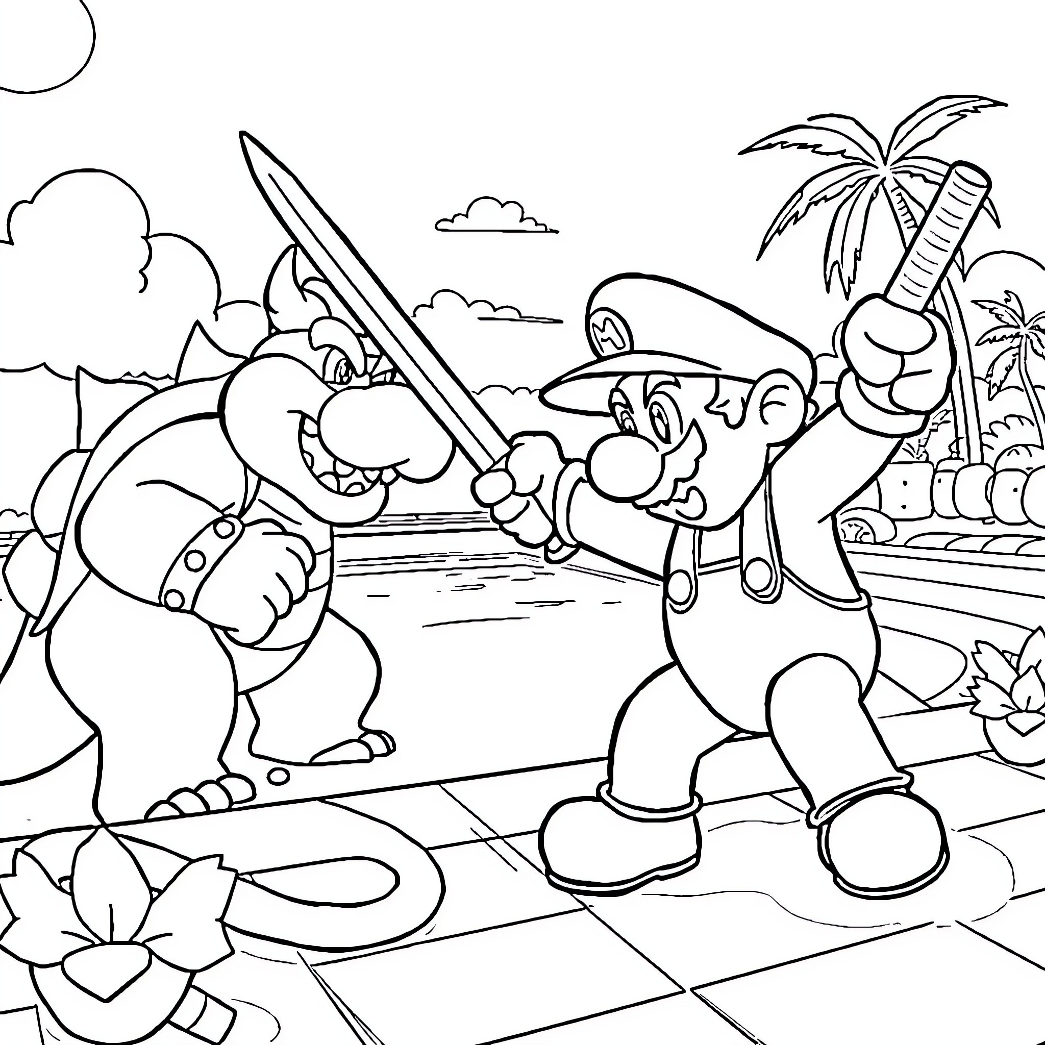 Mario in a tropical adventure with a sword Coloring Page (free black-and-white line drawing printable PDF for all, from beginners to advanced learners, including children, teens, adults, and seniors)