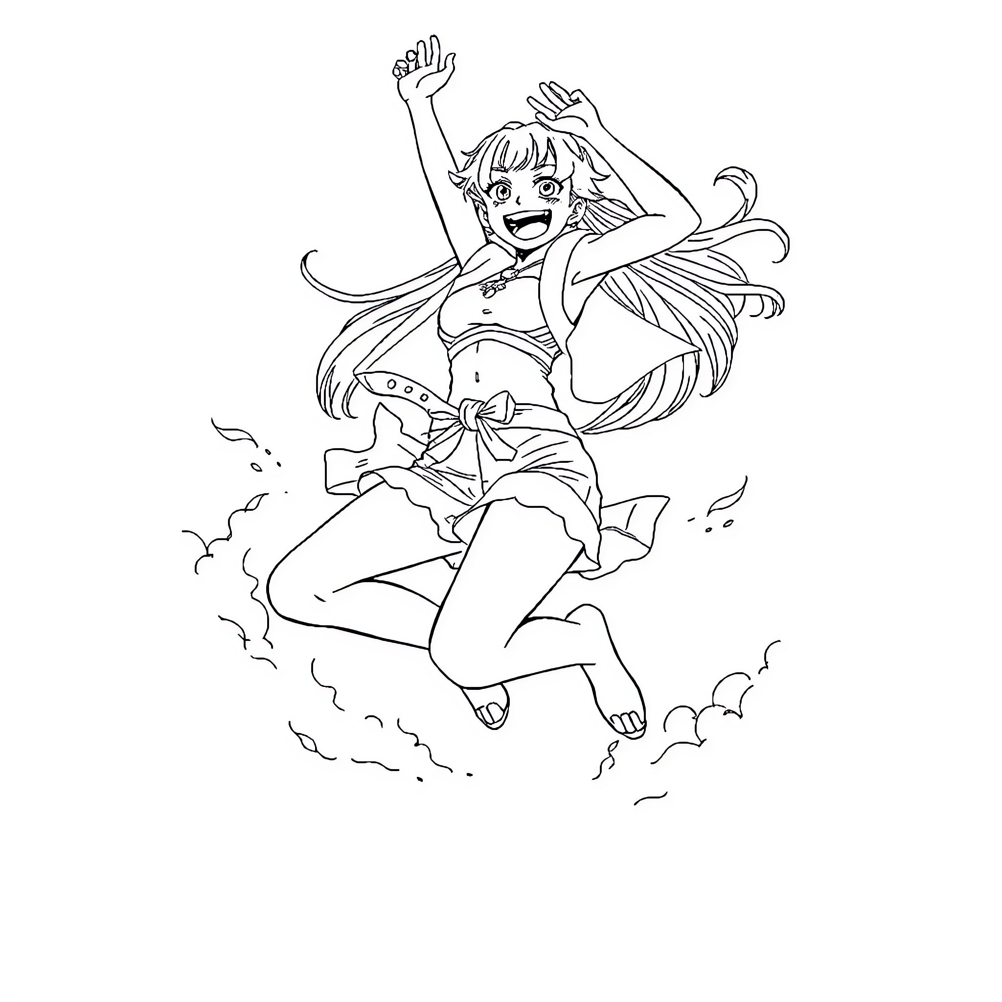 Nami's Energetic Dance on the Waves Coloring Page (free black-and-white line drawing printable PDF for all, from beginners to advanced learners, including children, teens, adults, and seniors)