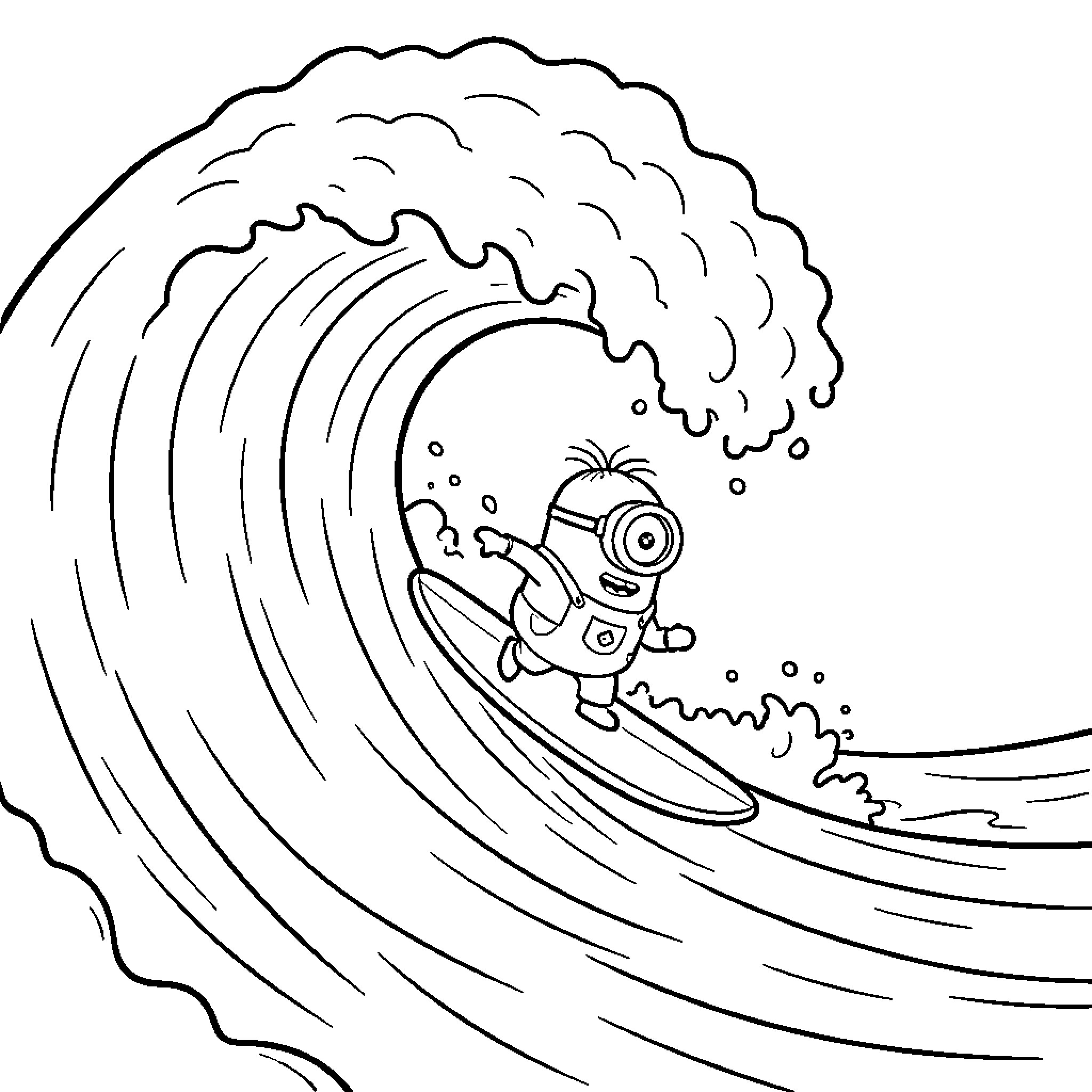 Minion surfing on a large ocean wave Coloring Page (free black-and-white line drawing printable PDF for all, from beginners to advanced learners, including children, teens, adults, and seniors)