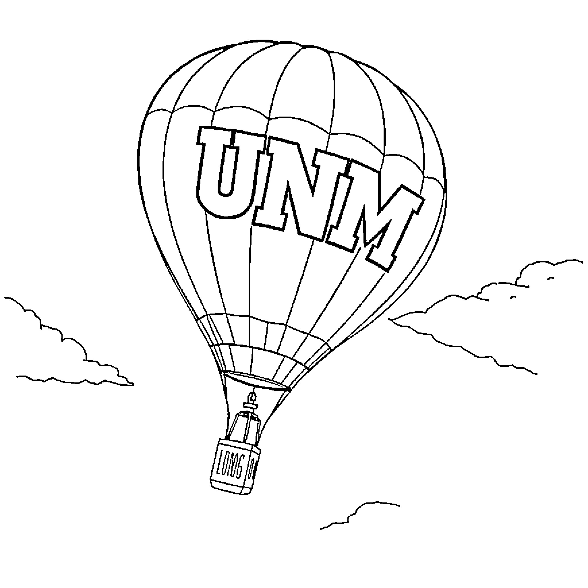 Hot Air Balloon with UNMT logo floating in the sky Coloring Page (free black-and-white line drawing printable PDF for all, from beginners to advanced learners, including children, teens, adults, and seniors)