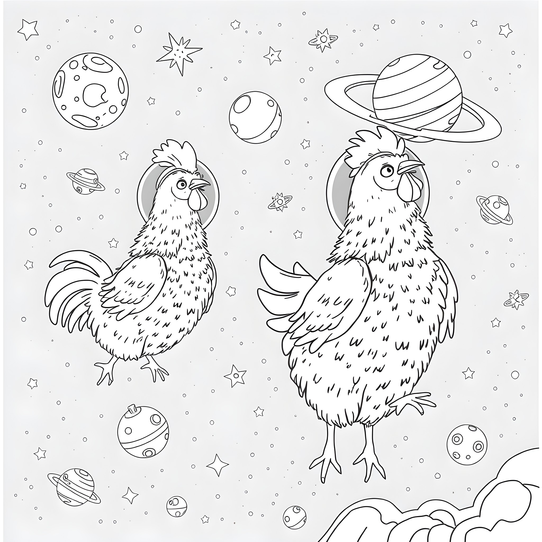 Chickens exploring the cosmic space Coloring Page (free black-and-white line drawing printable PDF for all, from beginners to advanced learners, including children, teens, adults, and seniors)