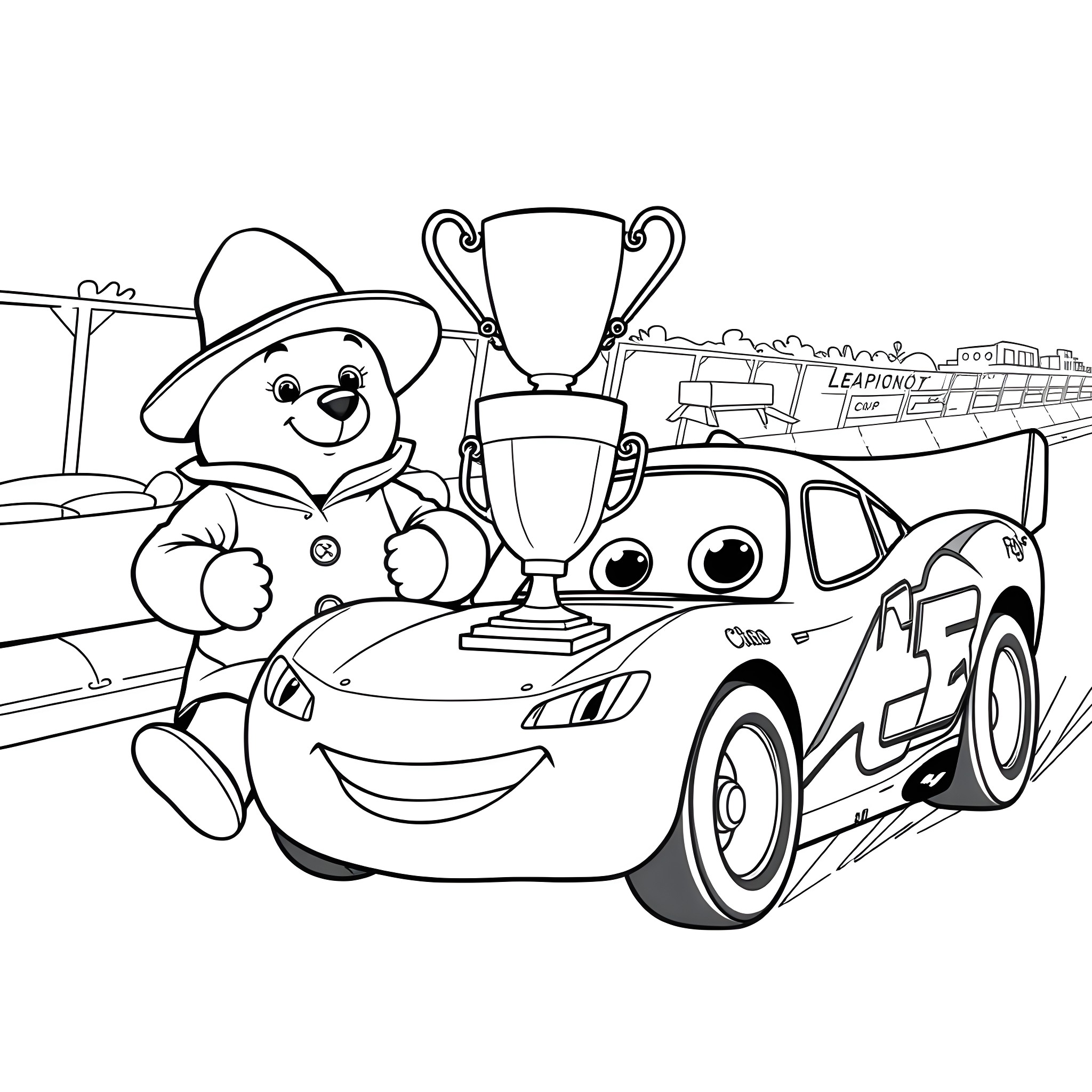 Paddington Bear celebrates with Race Car Champion Coloring Page (free black-and-white line drawing printable PDF for all, from beginners to advanced learners, including children, teens, adults, and seniors)