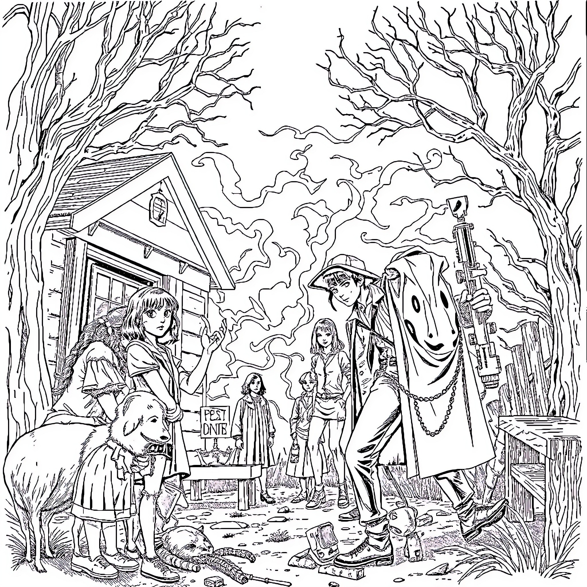 Stranger Things - Supernatural Encounters in the Mysterious Forest Coloring Page (free black-and-white line drawing printable PDF for all, from beginners to advanced learners, including children, teens, adults, and seniors)