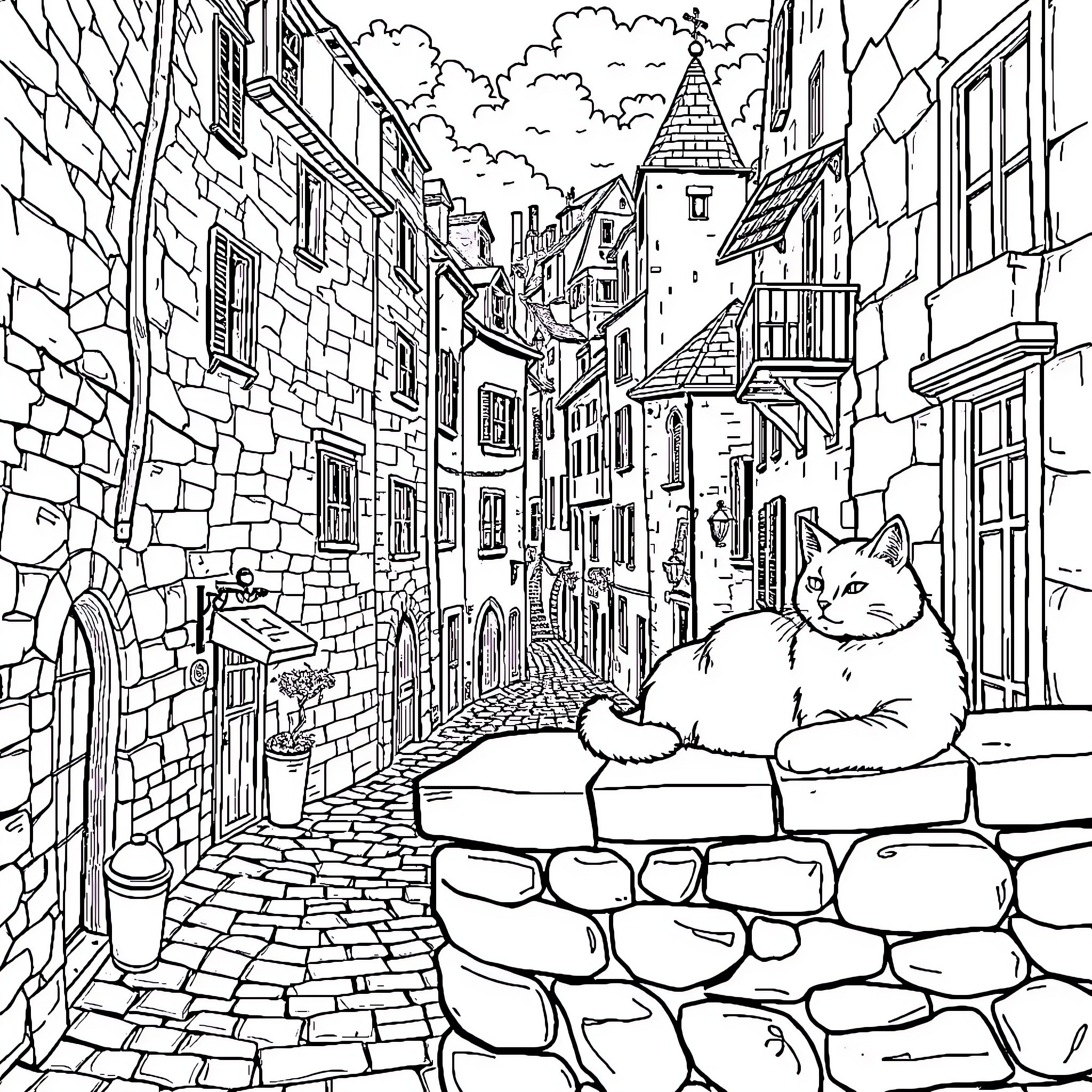 Cat resting on a cobblestone wall in an old town Coloring Page (free black-and-white line drawing printable PDF for all, from beginners to advanced learners, including children, teens, adults, and seniors)