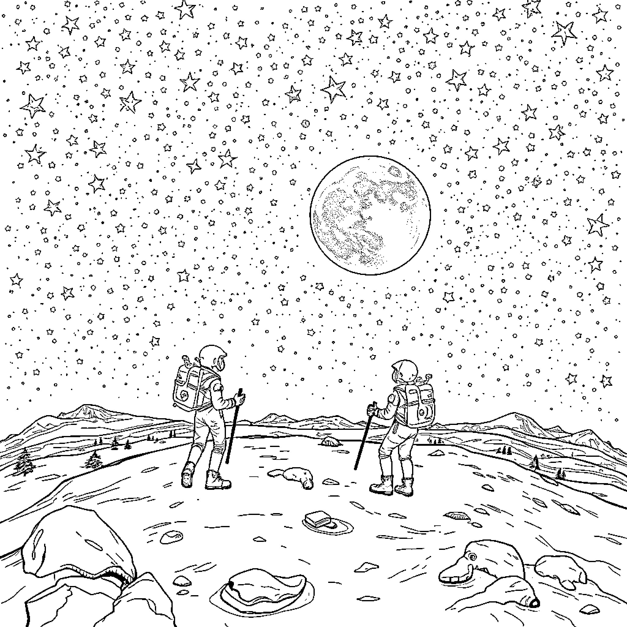 Scout astronauts exploring the lunar landscape Coloring Page (free black-and-white line drawing printable PDF for all, from beginners to advanced learners, including children, teens, adults, and seniors)
