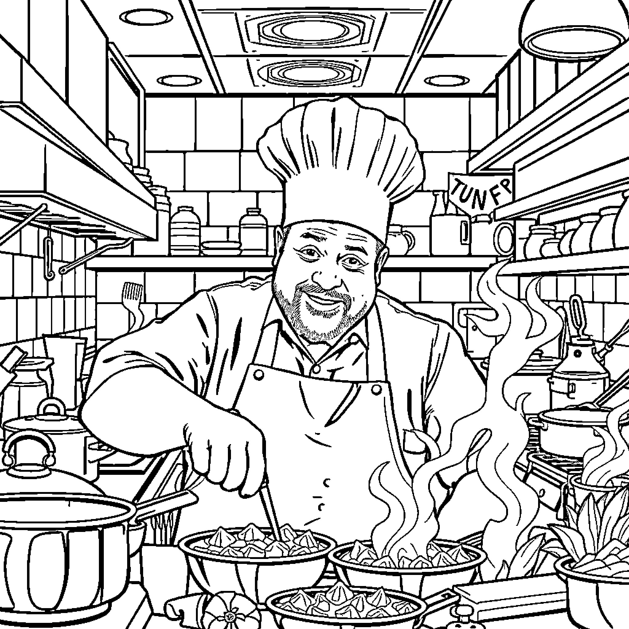Chef Cooking Delicious Dishes in Kitchen Coloring Page (free black-and-white line drawing printable PDF for all, from beginners to advanced learners, including children, teens, adults, and seniors)