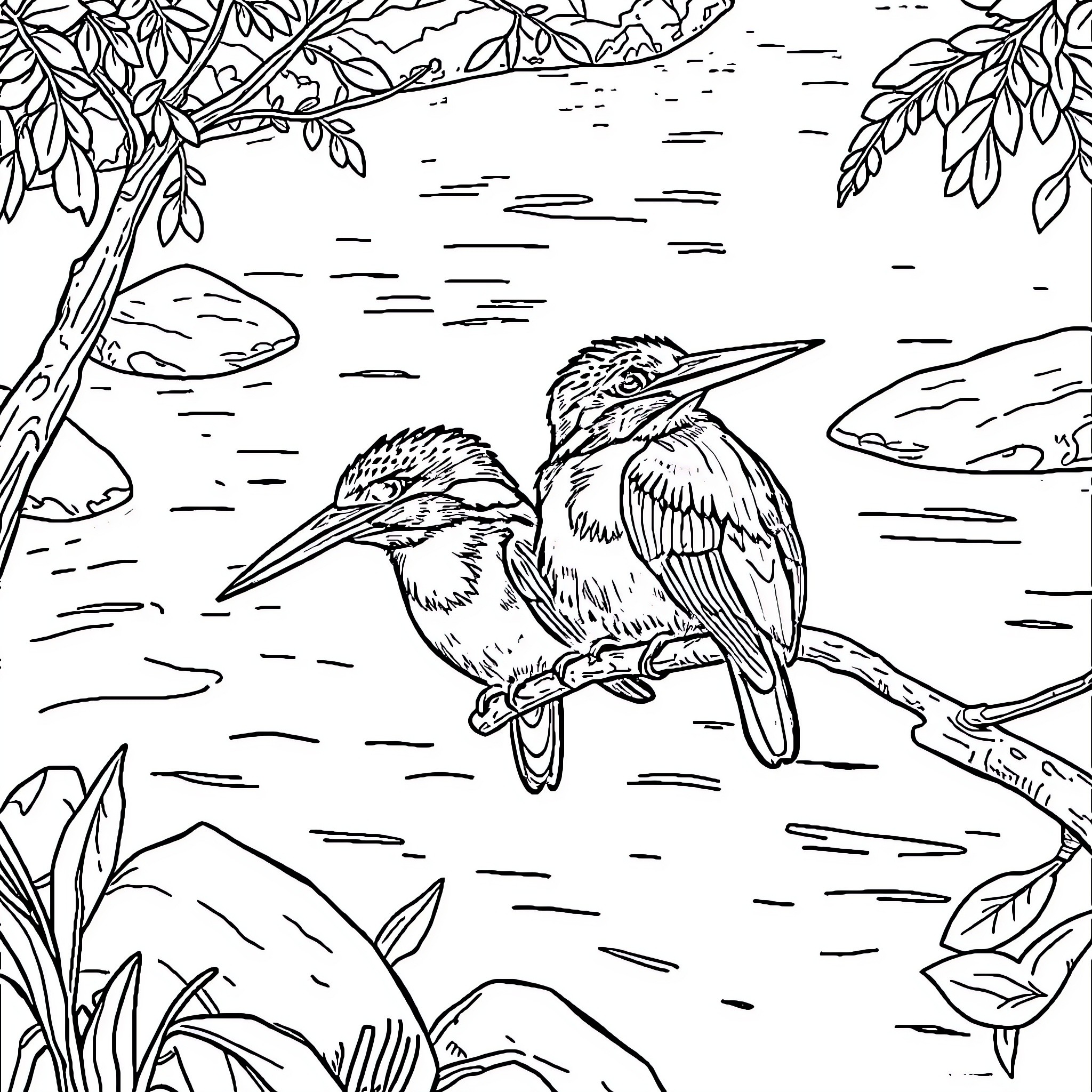 Kingfisher birds perched on a branch near the water Coloring Page (free black-and-white line drawing printable PDF for all, from beginners to advanced learners, including children, teens, adults, and seniors)