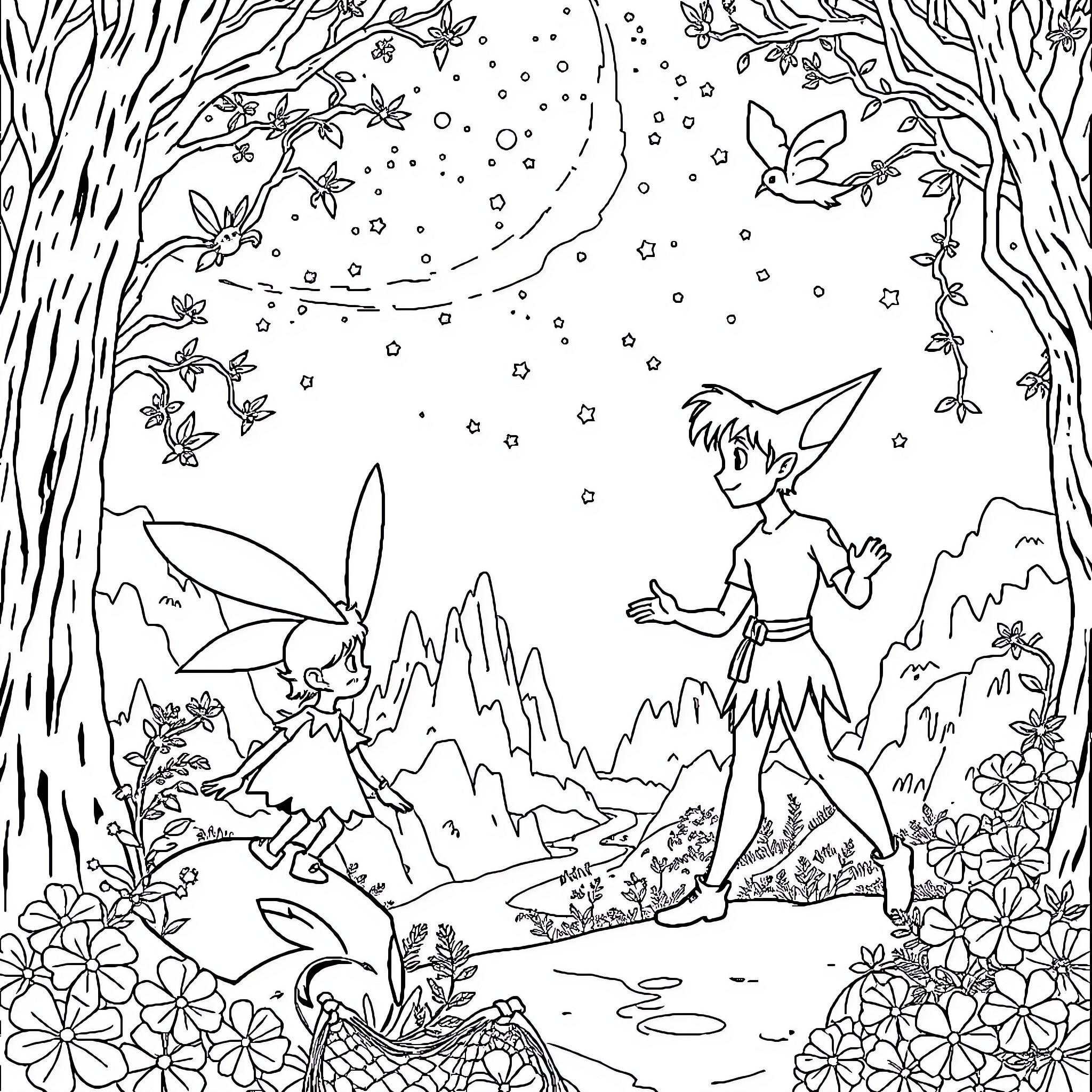 Scout exploring the enchanted forest Coloring Page (free black-and-white line drawing printable PDF for all, from beginners to advanced learners, including children, teens, adults, and seniors)