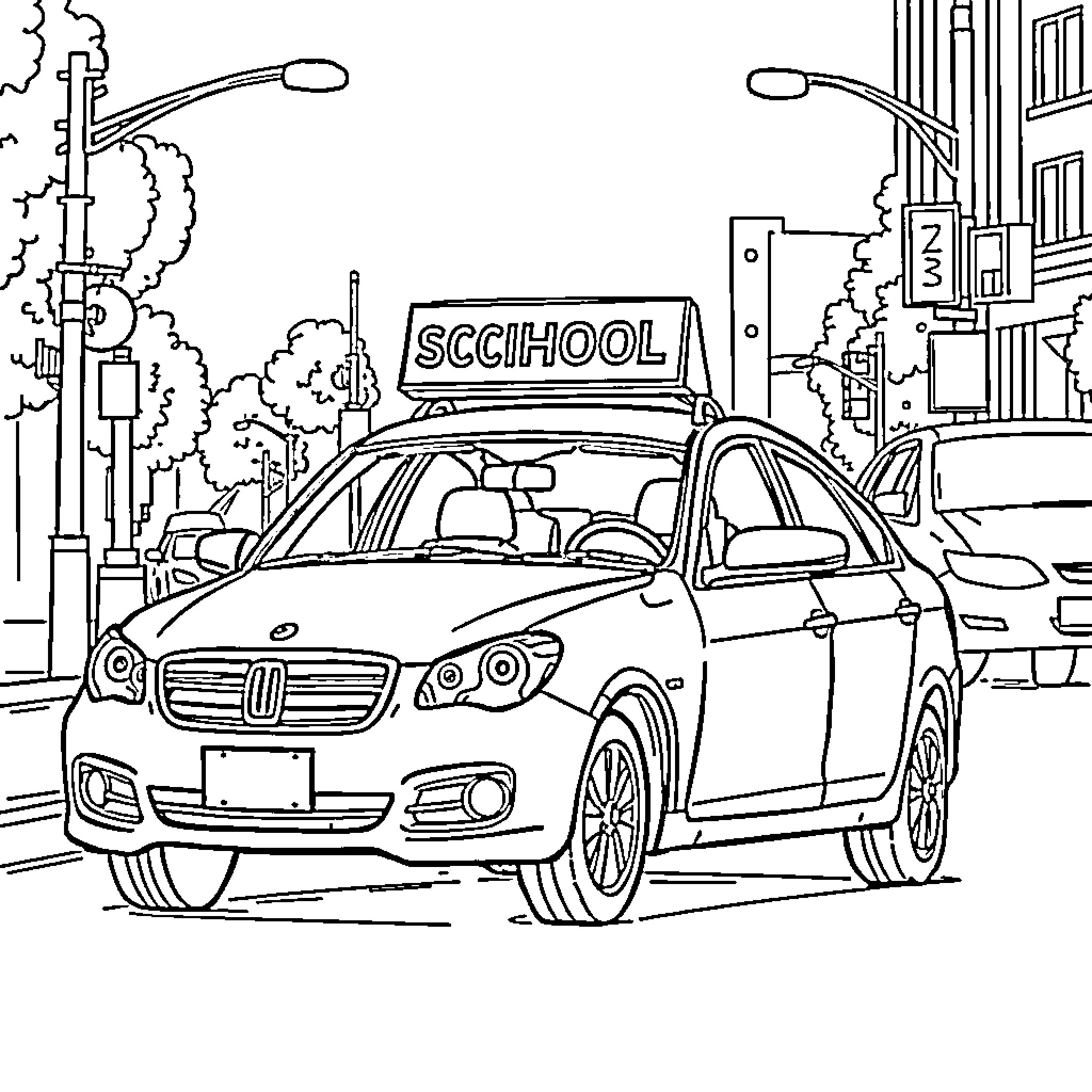 Car with School Sign on City Street Coloring Page (free black-and-white line drawing printable PDF for all, from beginners to advanced learners, including children, teens, adults, and seniors)