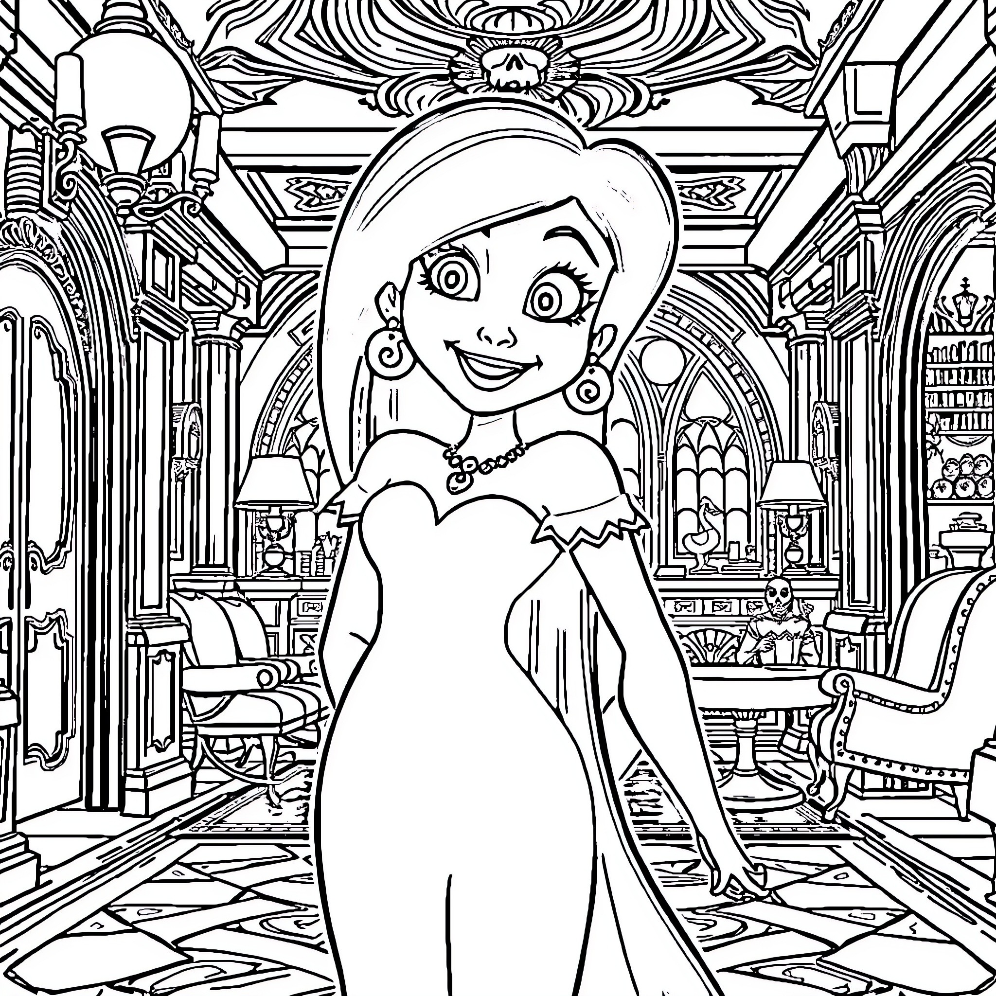 Mavis poses elegantly in a grand, ornate setting Coloring Page (free black-and-white line drawing printable PDF for all, from beginners to advanced learners, including children, teens, adults, and seniors)