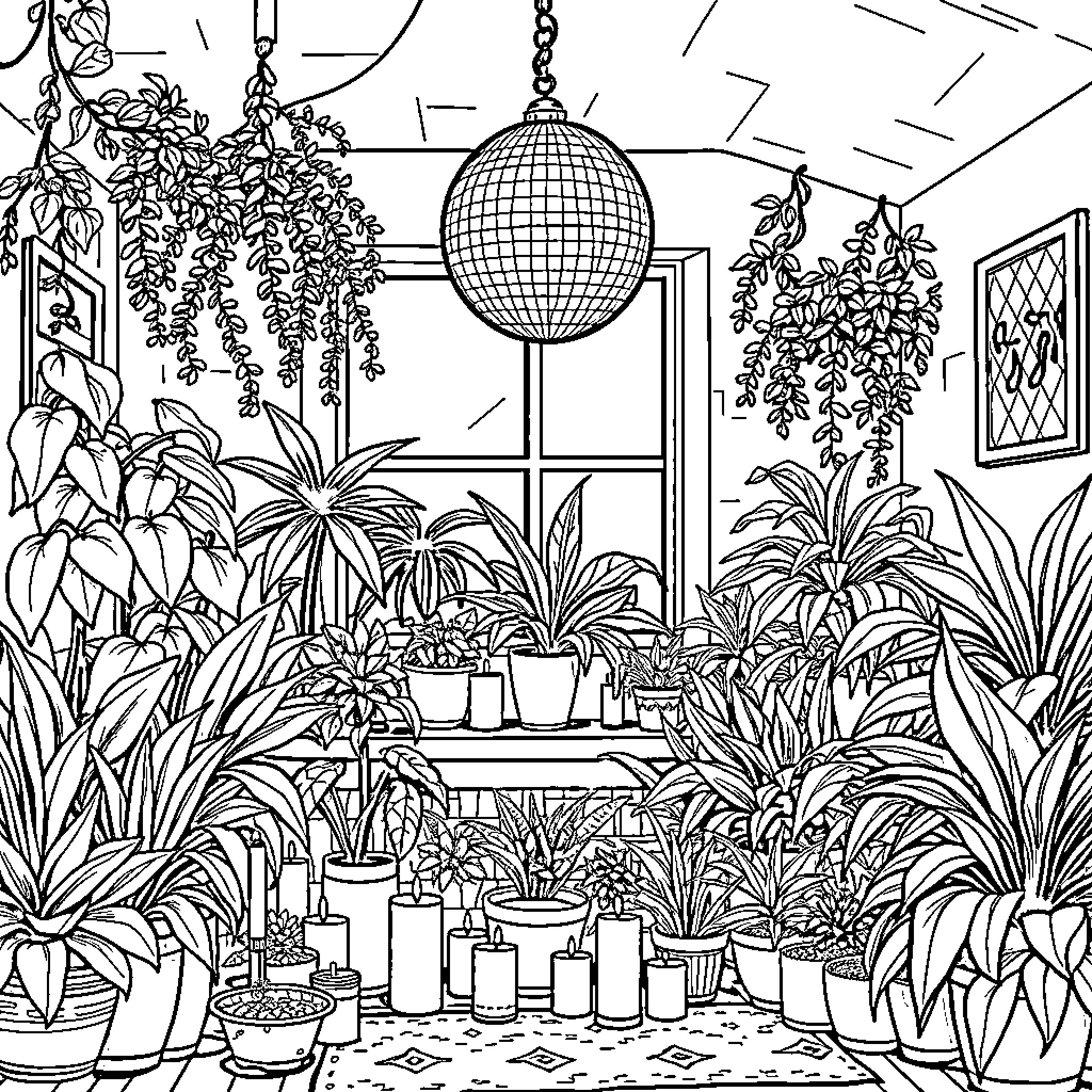 Plant-filled greenhouse with hanging decor and lighting Coloring Page (free black-and-white line drawing printable PDF for all, from beginners to advanced learners, including children, teens, adults, and seniors)