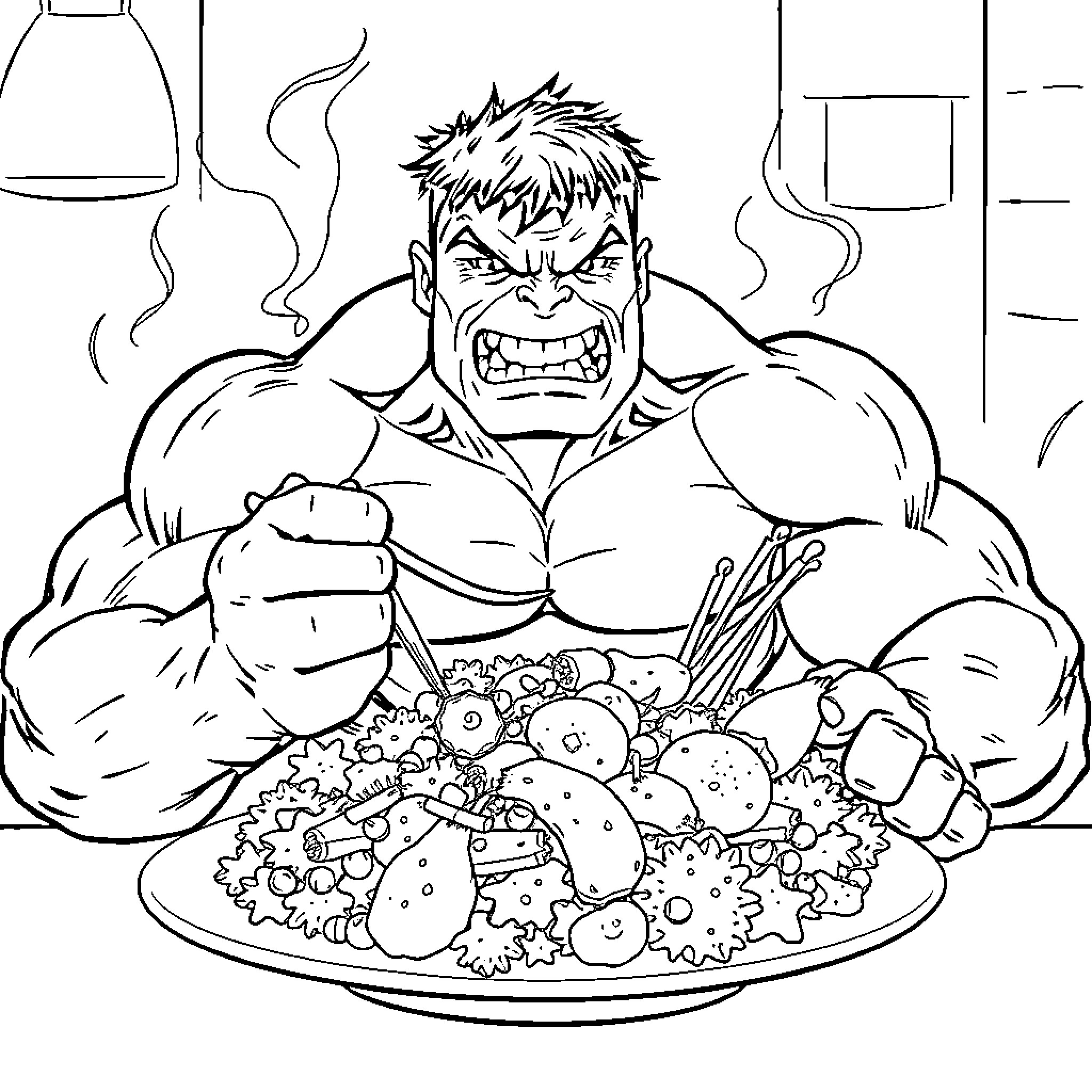Hulk devouring a hearty meal in rage Coloring Page (free black-and-white line drawing printable PDF for all, from beginners to advanced learners, including children, teens, adults, and seniors)