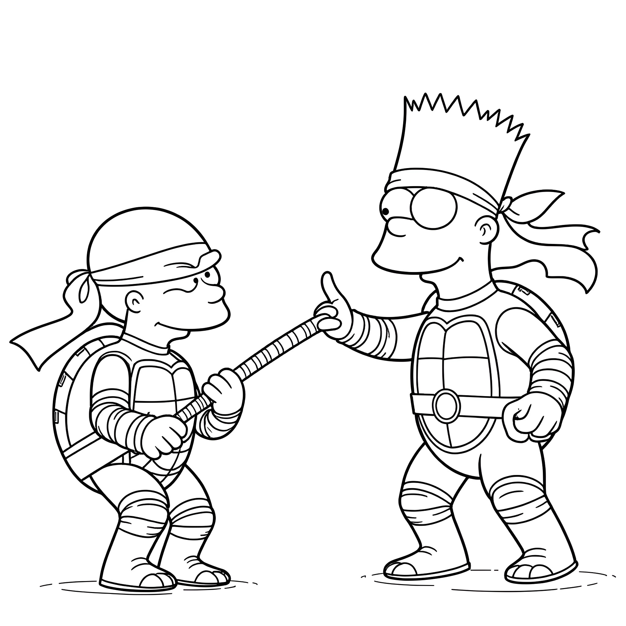 Ninja Turtles in action poses Coloring Page (free black-and-white line drawing printable PDF for all, from beginners to advanced learners, including children, teens, adults, and seniors)