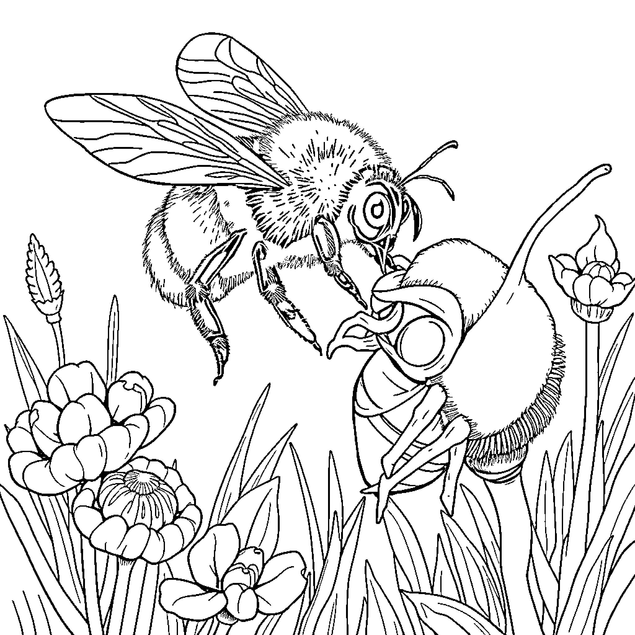 Bumblebee pollinating flowers in a garden Coloring Page (free black-and-white line drawing printable PDF for all, from beginners to advanced learners, including children, teens, adults, and seniors)