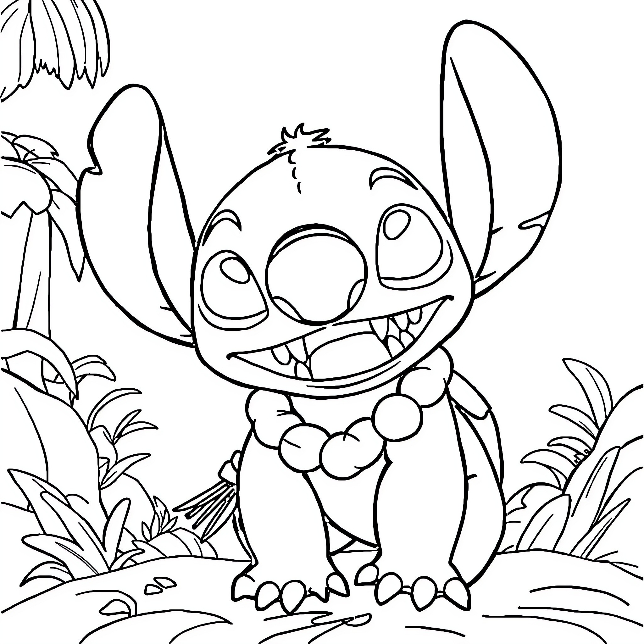 Stitch enjoys a playful moment in nature Coloring Page (free black-and-white line drawing printable PDF for all, from beginners to advanced learners, including children, teens, adults, and seniors)