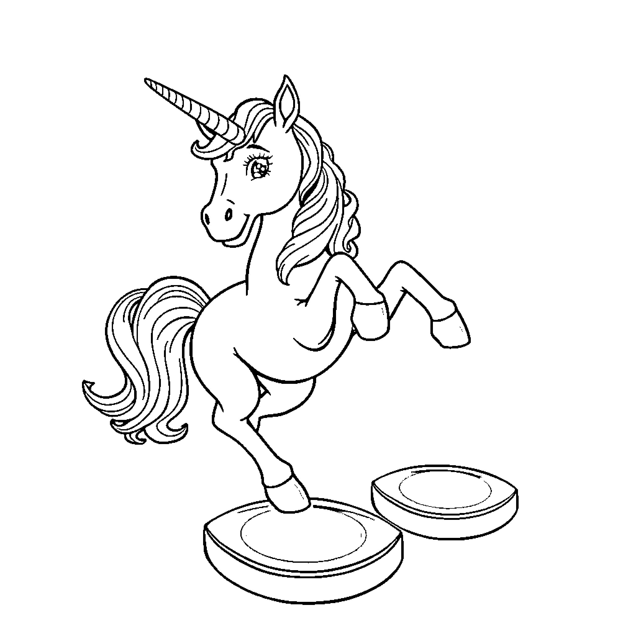 Unicorn balancing on discs Coloring Page (free black-and-white line drawing printable PDF for all, from beginners to advanced learners, including children, teens, adults, and seniors)