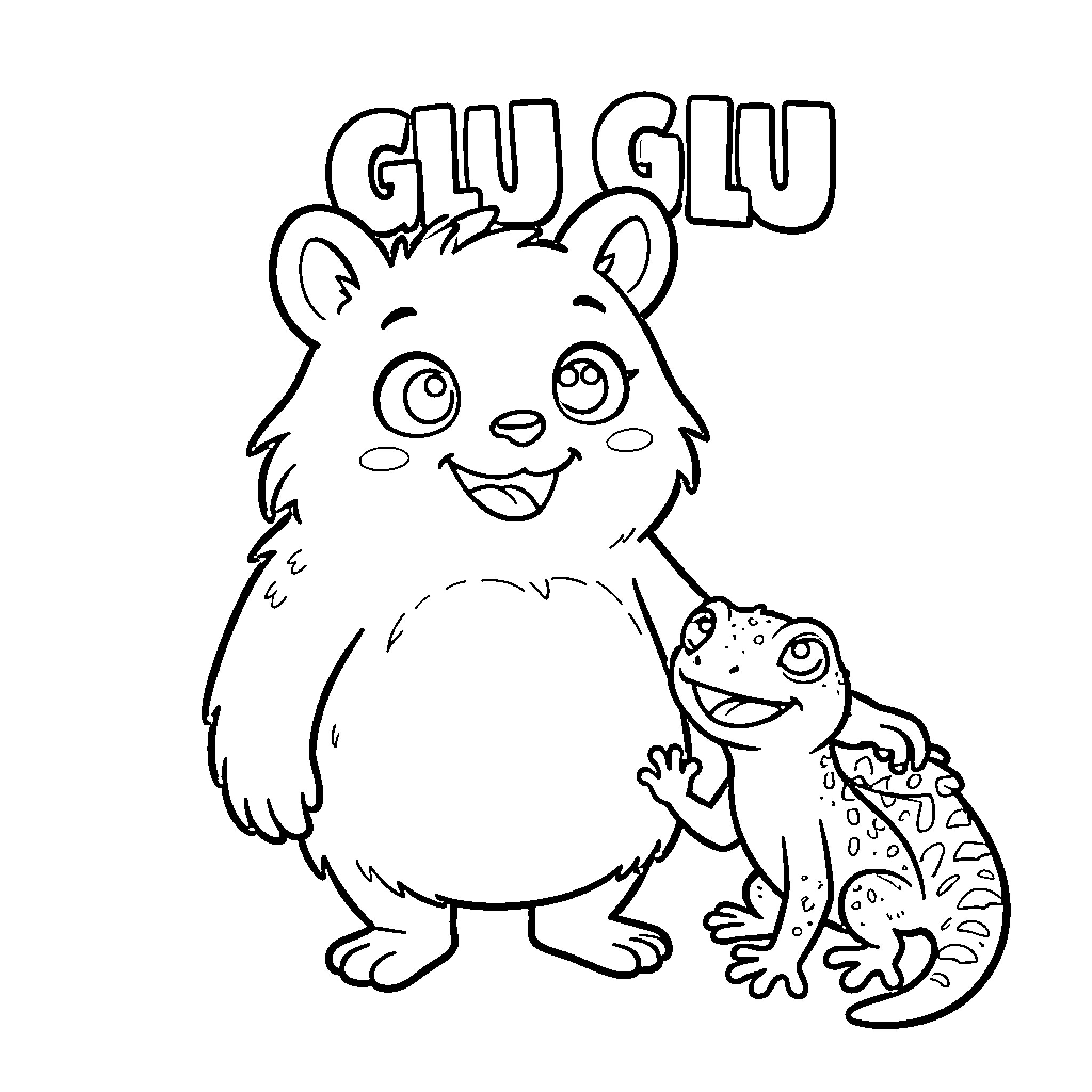 Glu Glu characters smiling and standing together Coloring Page (free black-and-white line drawing printable PDF for all, from beginners to advanced learners, including children, teens, adults, and seniors)