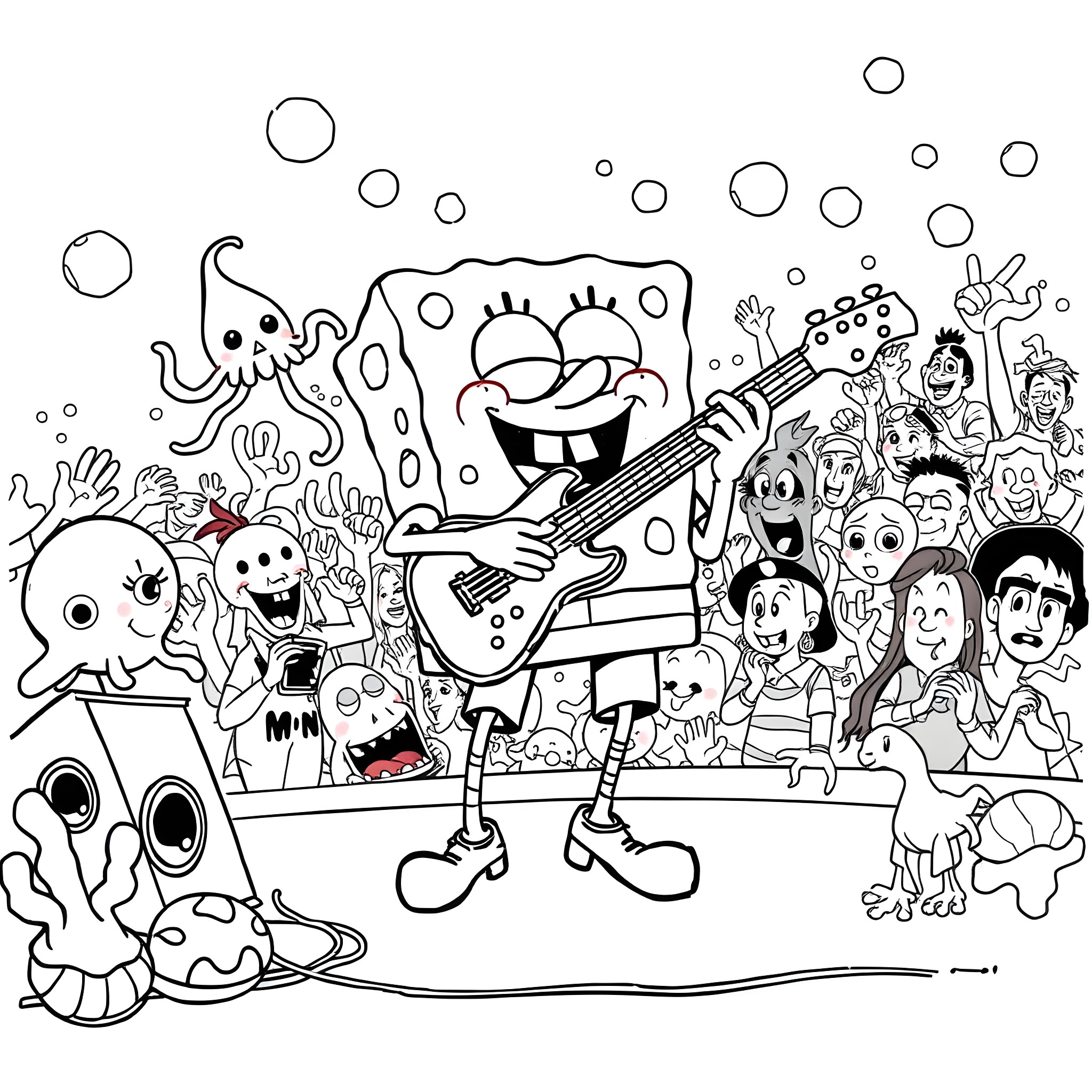 Spongebob's Rocking Concert with Underwater Friends Coloring Page (free black-and-white line drawing printable PDF for all, from beginners to advanced learners, including children, teens, adults, and seniors)