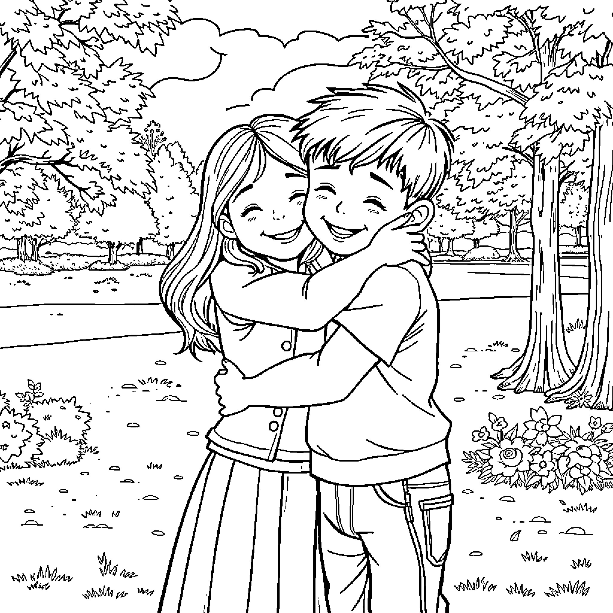 Child friends embracing in nature Coloring Page (free black-and-white line drawing printable PDF for all, from beginners to advanced learners, including children, teens, adults, and seniors)