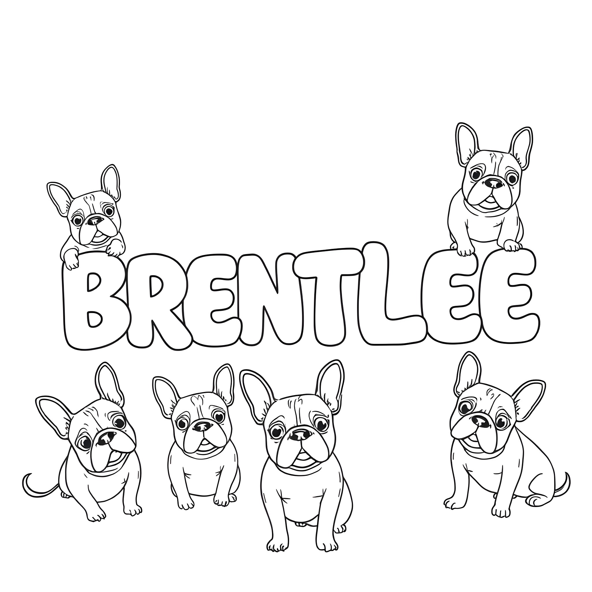 Brentlee and cute French Bulldog puppies Coloring Page (free black-and-white line drawing printable PDF for all, from beginners to advanced learners, including children, teens, adults, and seniors)