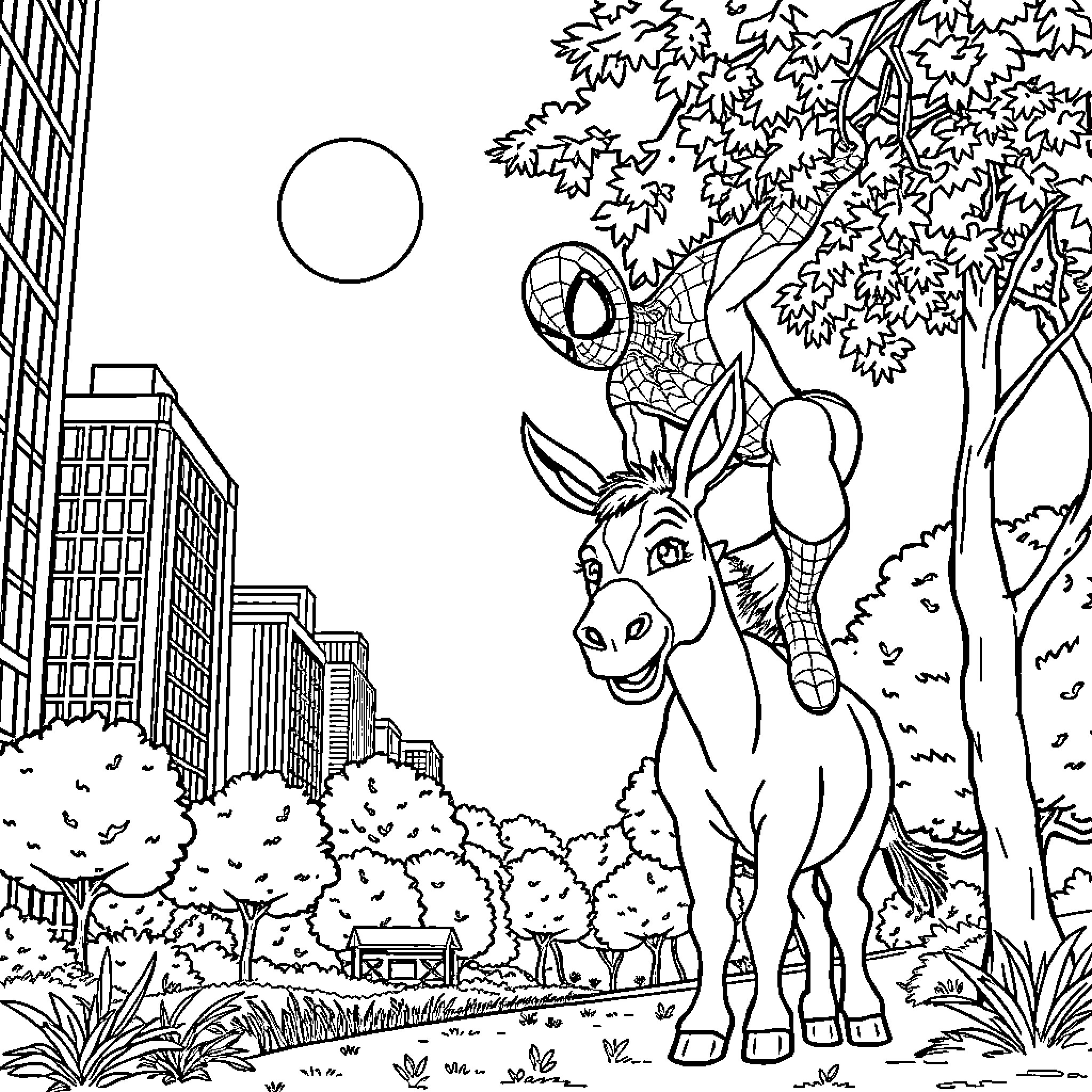 Spiderman swings through the city park Coloring Page (free black-and-white line drawing printable PDF for all, from beginners to advanced learners, including children, teens, adults, and seniors)