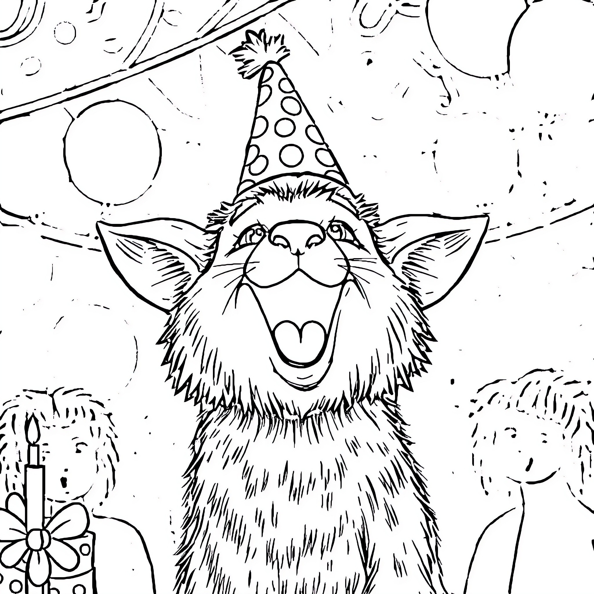 Animal in party hat celebrating cheerfully Coloring Page (free black-and-white line drawing printable PDF for all, from beginners to advanced learners, including children, teens, adults, and seniors)