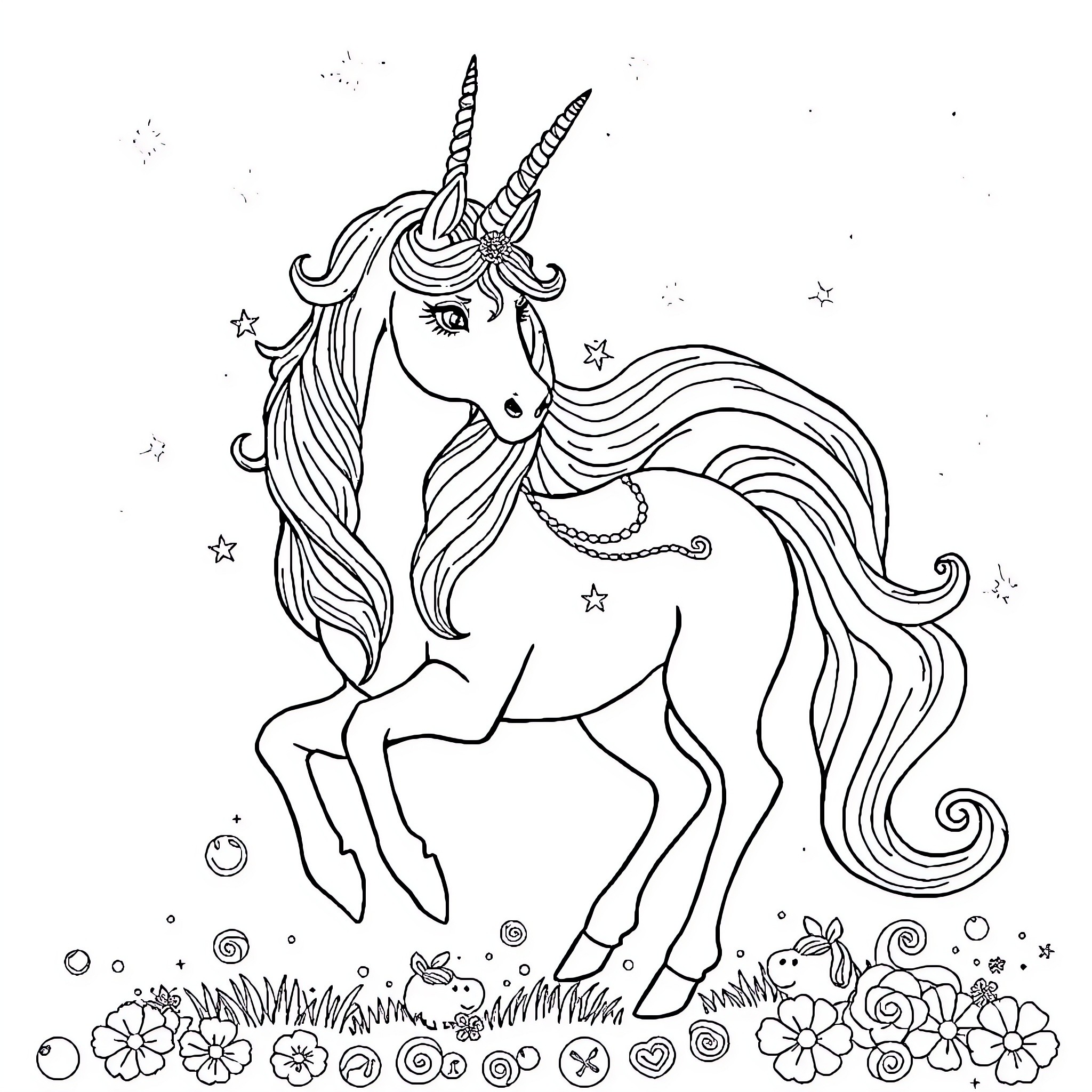 Princess Unicorn with Flowing Mane in Magical Meadow Coloring Page (free black-and-white line drawing printable PDF for all, from beginners to advanced learners, including children, teens, adults, and seniors)
