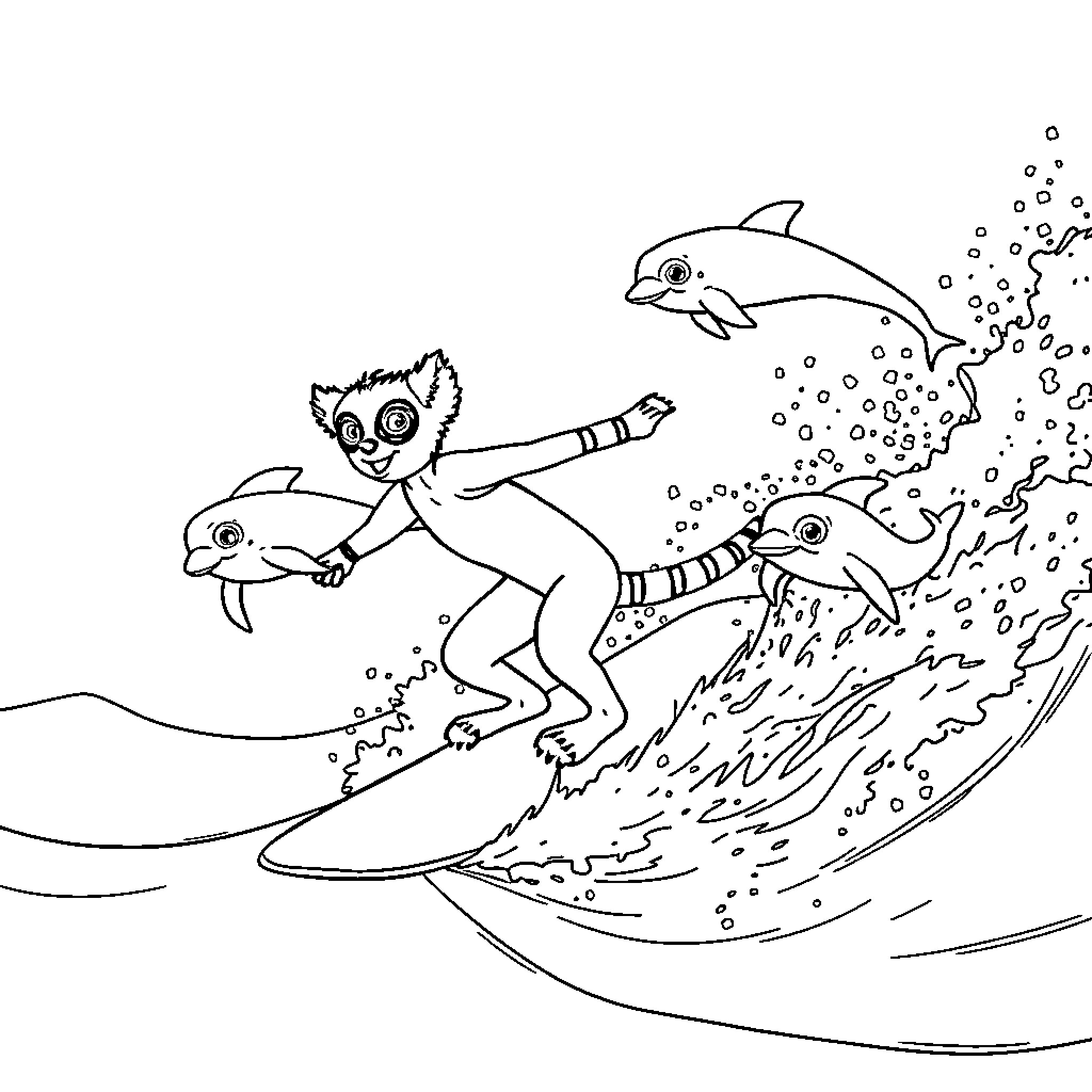Lemur surfing with playful dolphins in the ocean Coloring Page (free black-and-white line drawing printable PDF for all, from beginners to advanced learners, including children, teens, adults, and seniors)