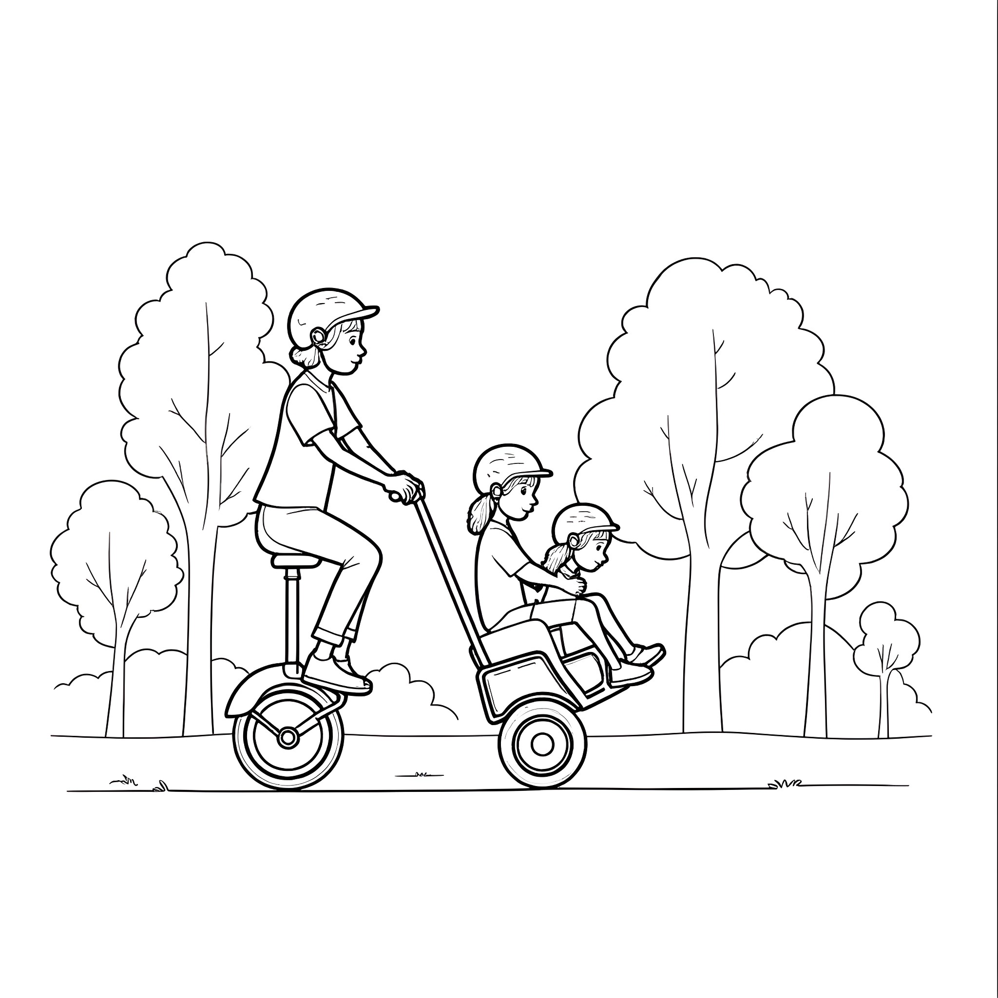 Kid riding scooter with friends in park Coloring Page (free black-and-white line drawing printable PDF for all, from beginners to advanced learners, including children, teens, adults, and seniors)
