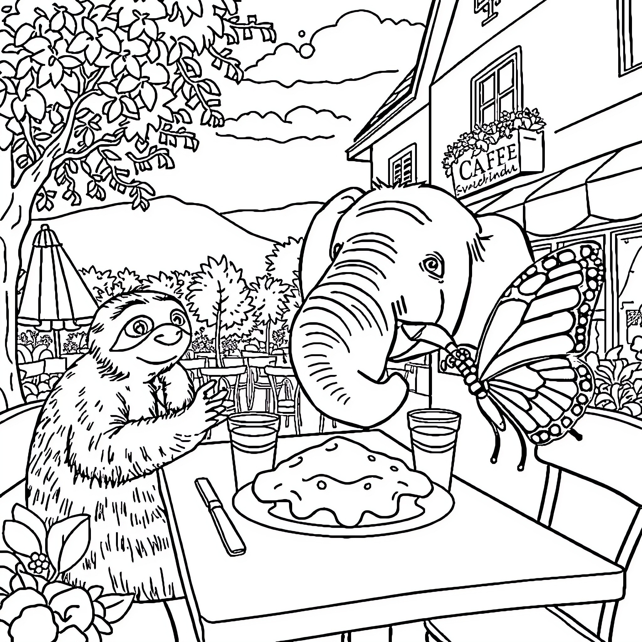 Sloth enjoys coffee and sweets in a whimsical outdoor scene Coloring Page (free black-and-white line drawing printable PDF for all, from beginners to advanced learners, including children, teens, adults, and seniors)