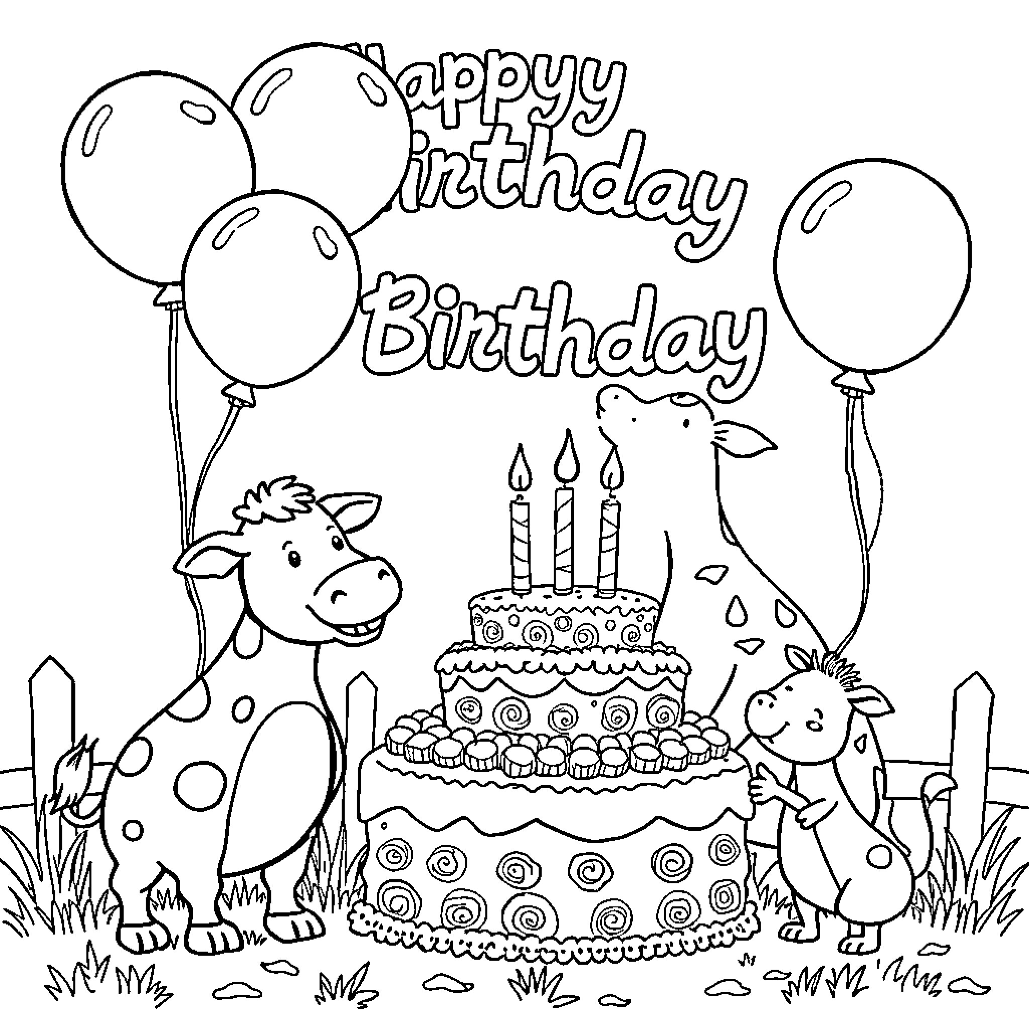 Farm Animal Birthday Celebration with Cake and Balloons Coloring Page (free black-and-white line drawing printable PDF for all, from beginners to advanced learners, including children, teens, adults, and seniors)