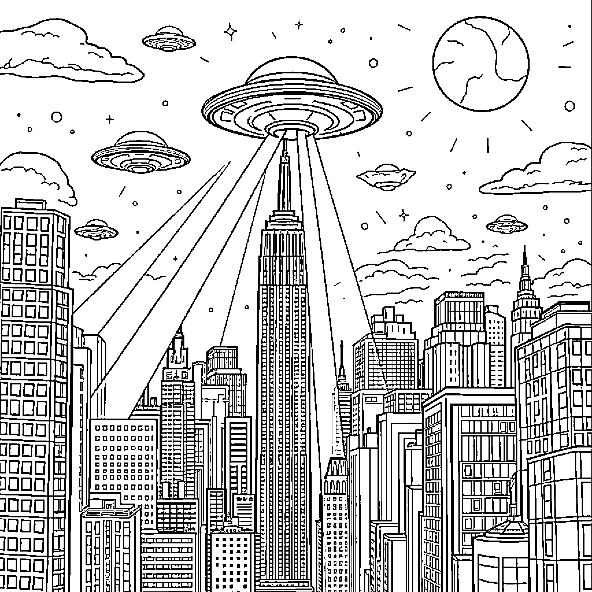 Alien Invasion in the City Coloring Page (free black-and-white line drawing printable PDF for all, from beginners to advanced learners, including children, teens, adults, and seniors)