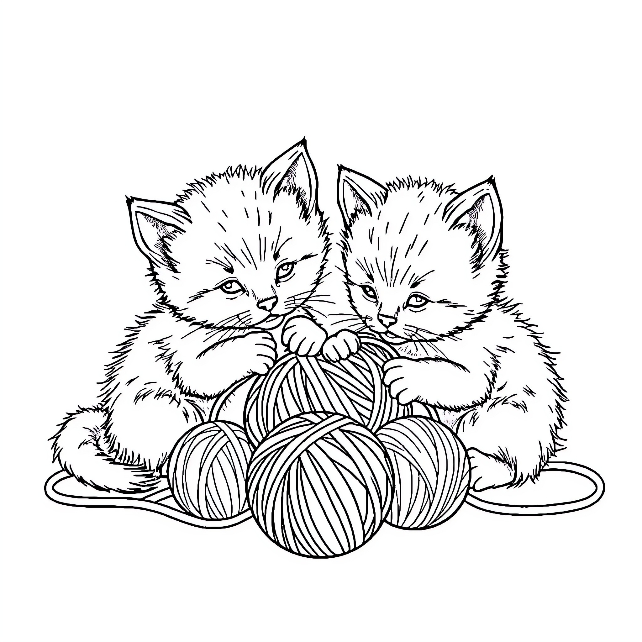 Kittens playing with ball of yarn Coloring Page (free black-and-white line drawing printable PDF for all, from beginners to advanced learners, including children, teens, adults, and seniors)