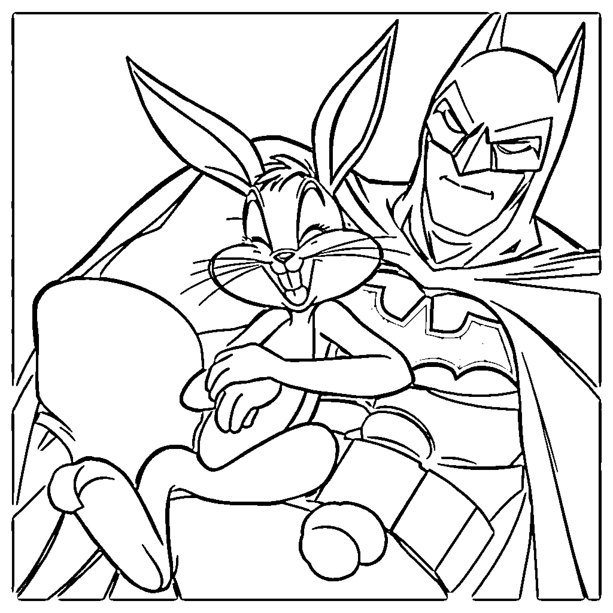 Bugs Bunny and Batman in an action pose Coloring Page (free black-and-white line drawing printable PDF for all, from beginners to advanced learners, including children, teens, adults, and seniors)