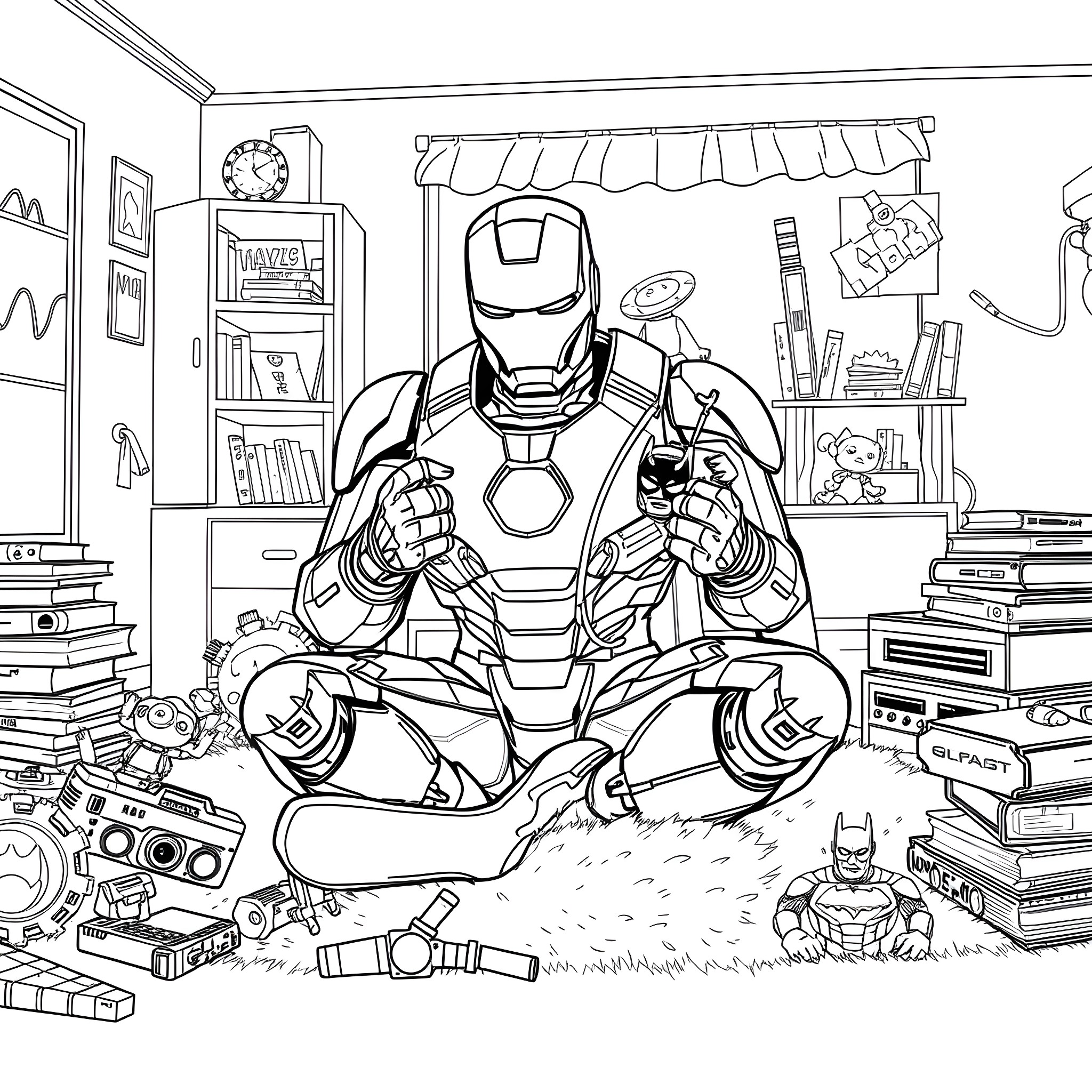 Iron Man relaxing in his tech-filled lair Coloring Page (free black-and-white line drawing printable PDF for all, from beginners to advanced learners, including children, teens, adults, and seniors)